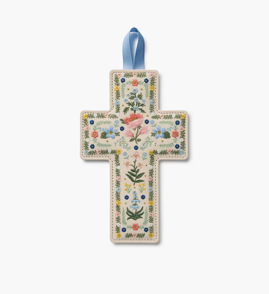 Rosette Floral Embroidered Wall Cross - 9.5"