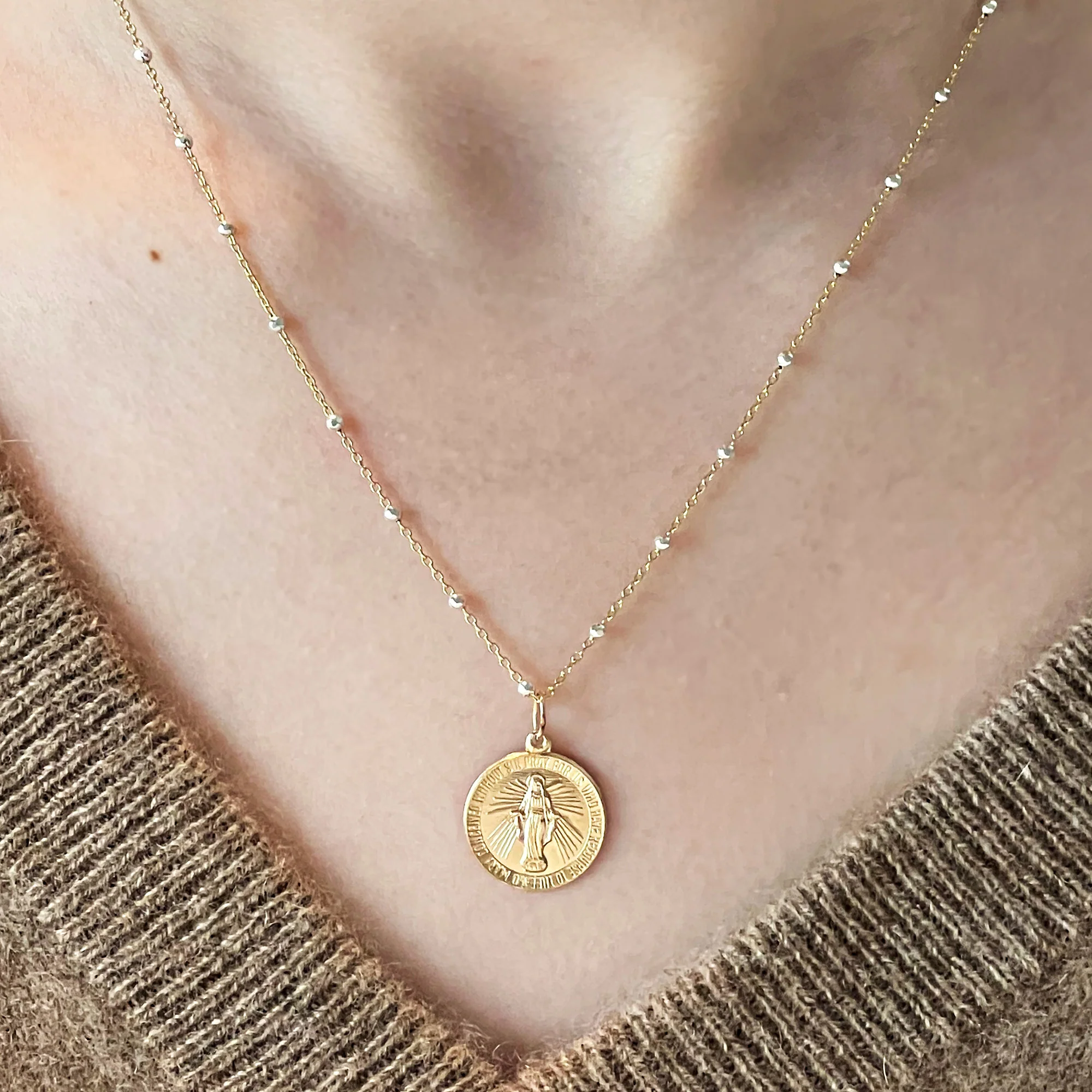 Round Miraculous Medal Necklace with Beaded Accents - Image 2