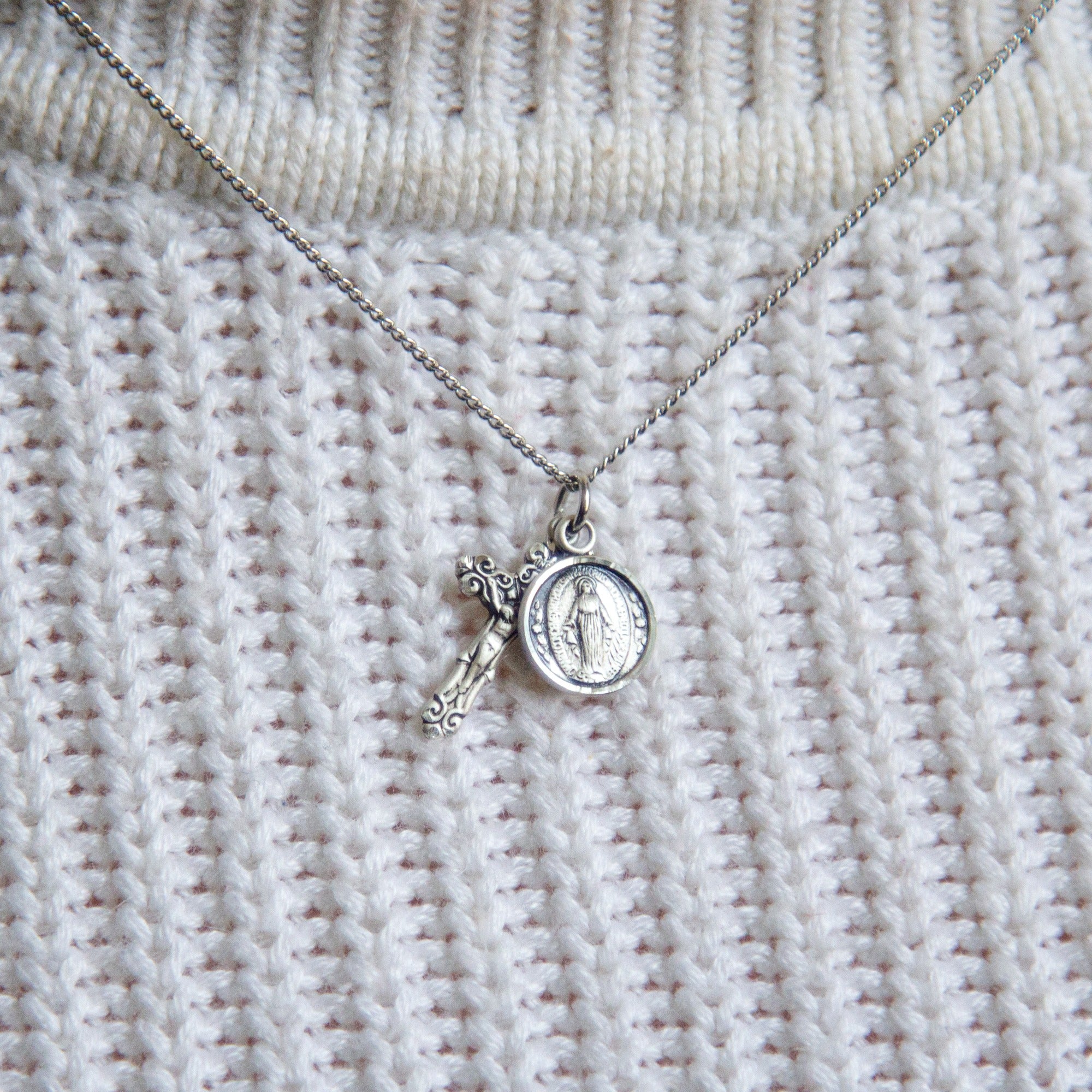 Round Miraculous Medal & Petite Crucifix Necklace - Image 2