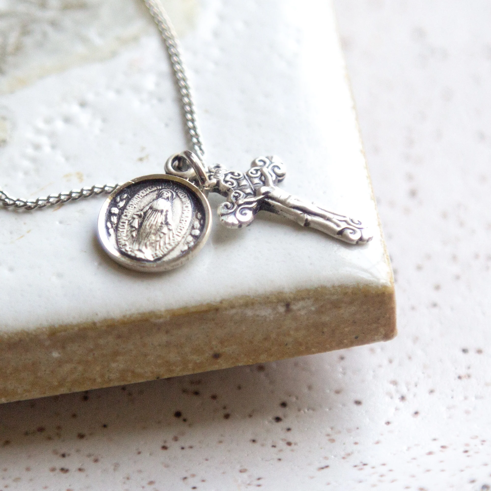 Round Miraculous Medal & Petite Crucifix Necklace - Image 3