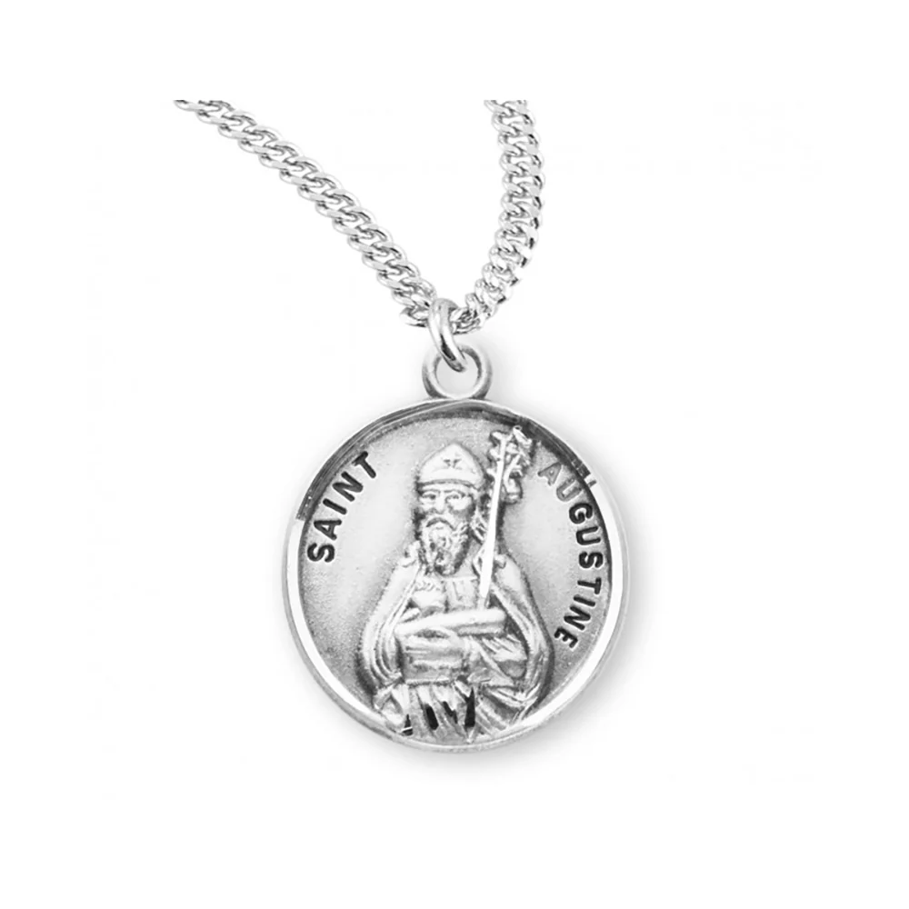 Round Sterling Silver St. Augustine Medal Necklace - 20"