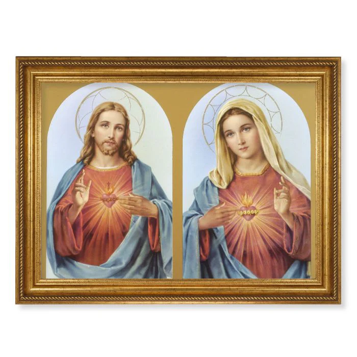Sacred Heart & Immaculate Heart Roped Gold Framed Art - 23" x 31"