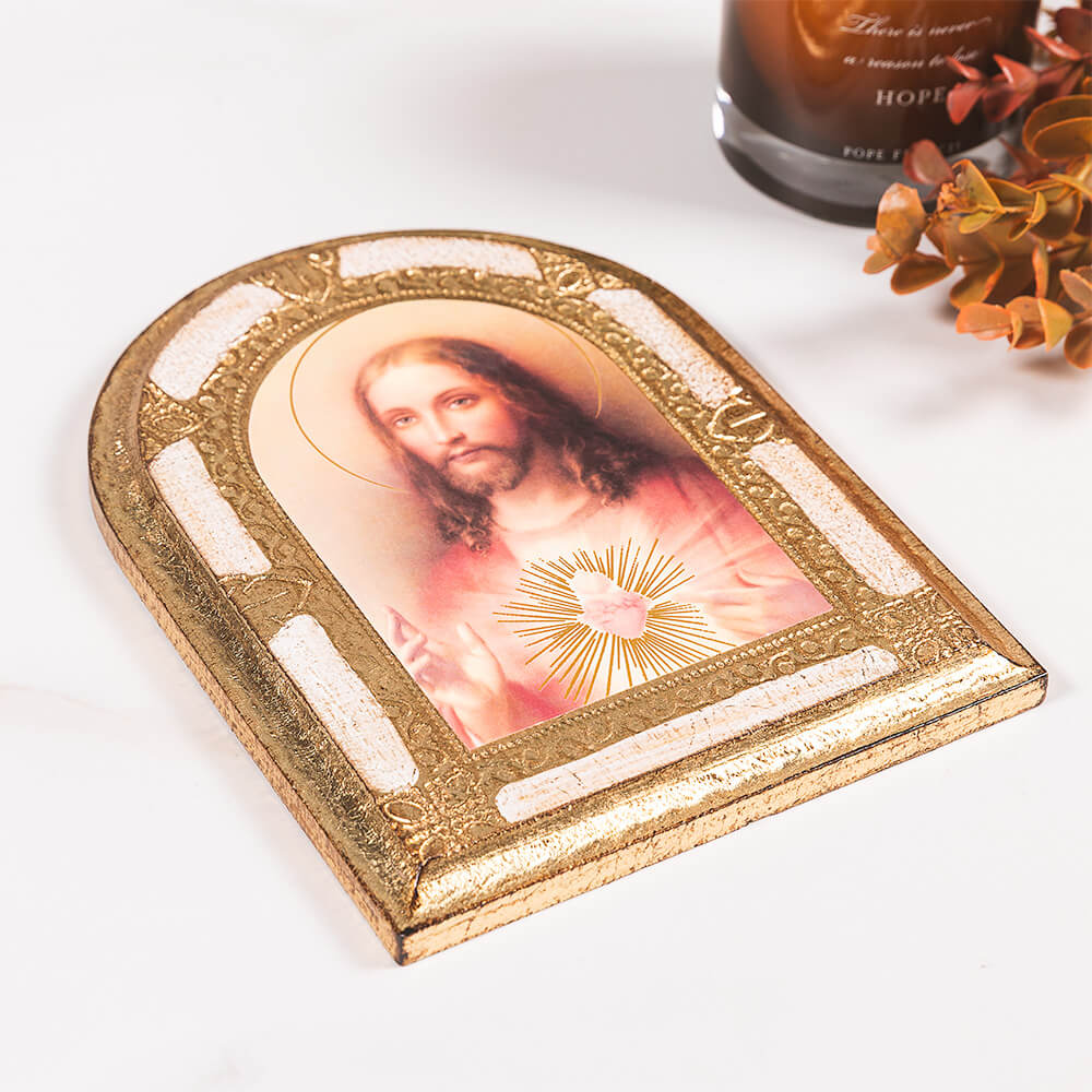 Sacred Heart of Jesus Gold & White Arched Florentine Plaque - 8" x 6" - Image 2