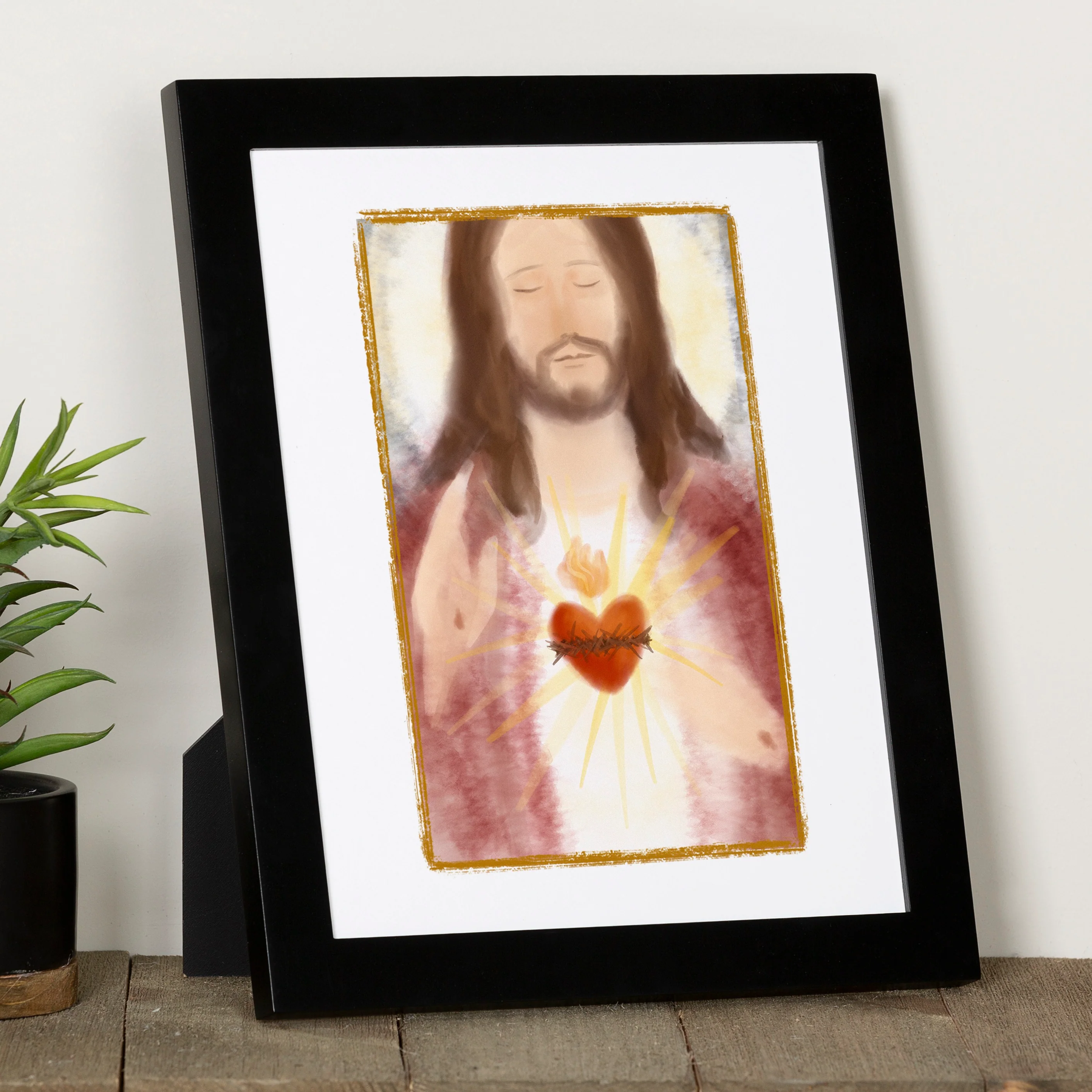 Sacred Heart of Jesus Watercolor Portrait Framed Print