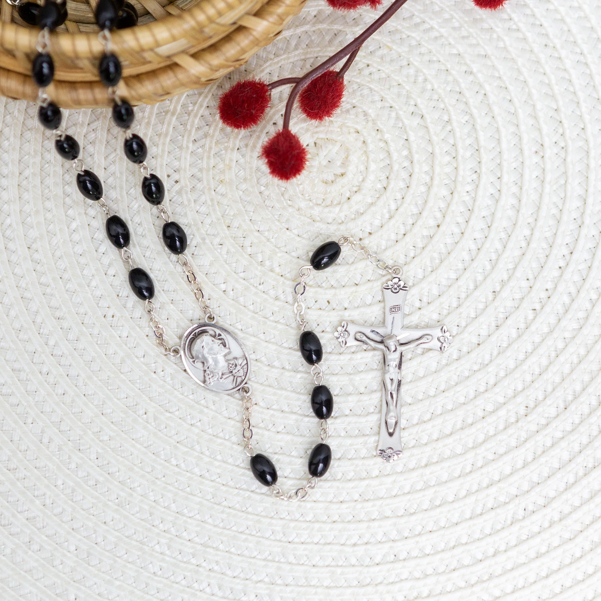 Sacred Heart Oval Black Onyx Rosary