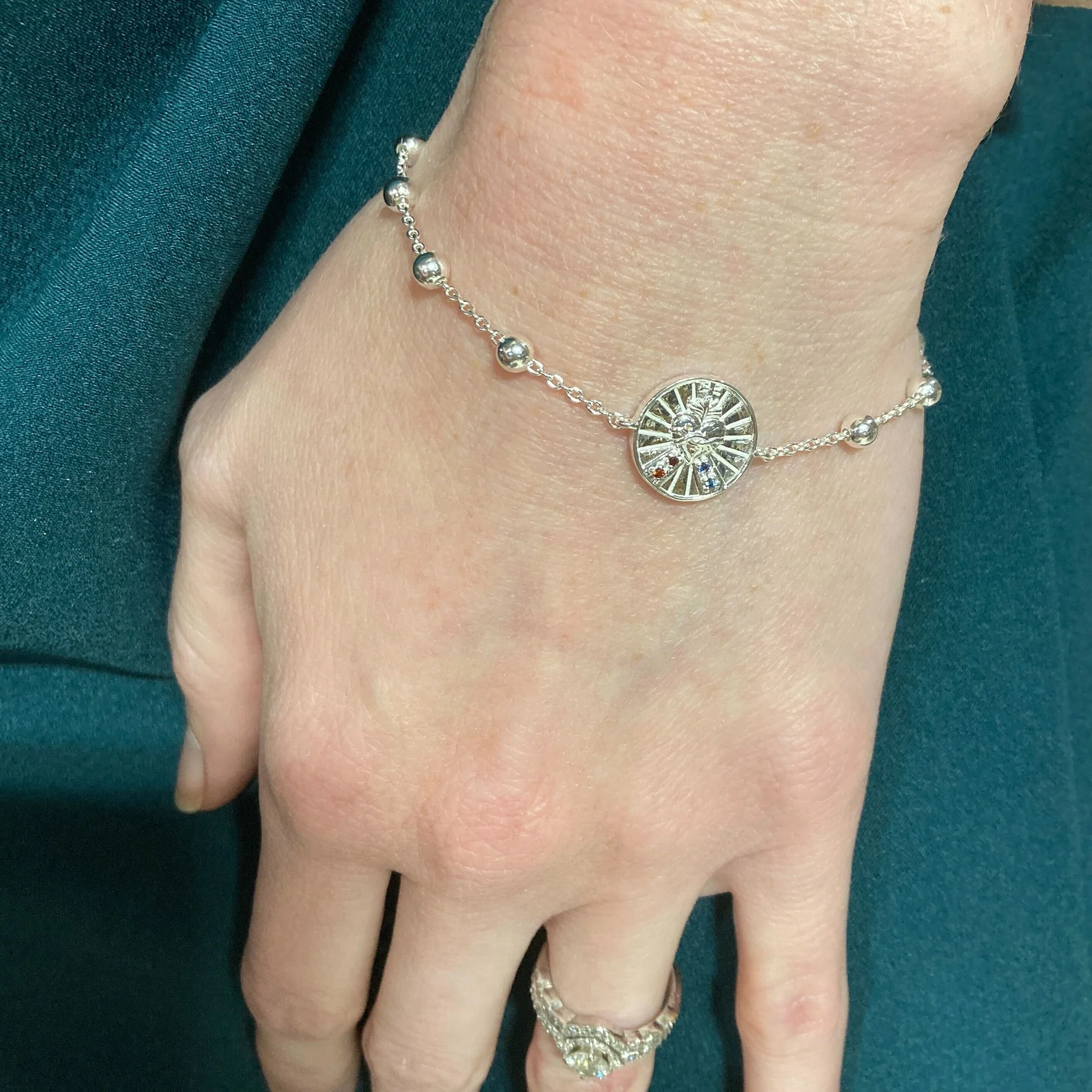 Sapphire & Garnet Sacred Heart & Divine Mercy Rosary Bracelet - Image 4
