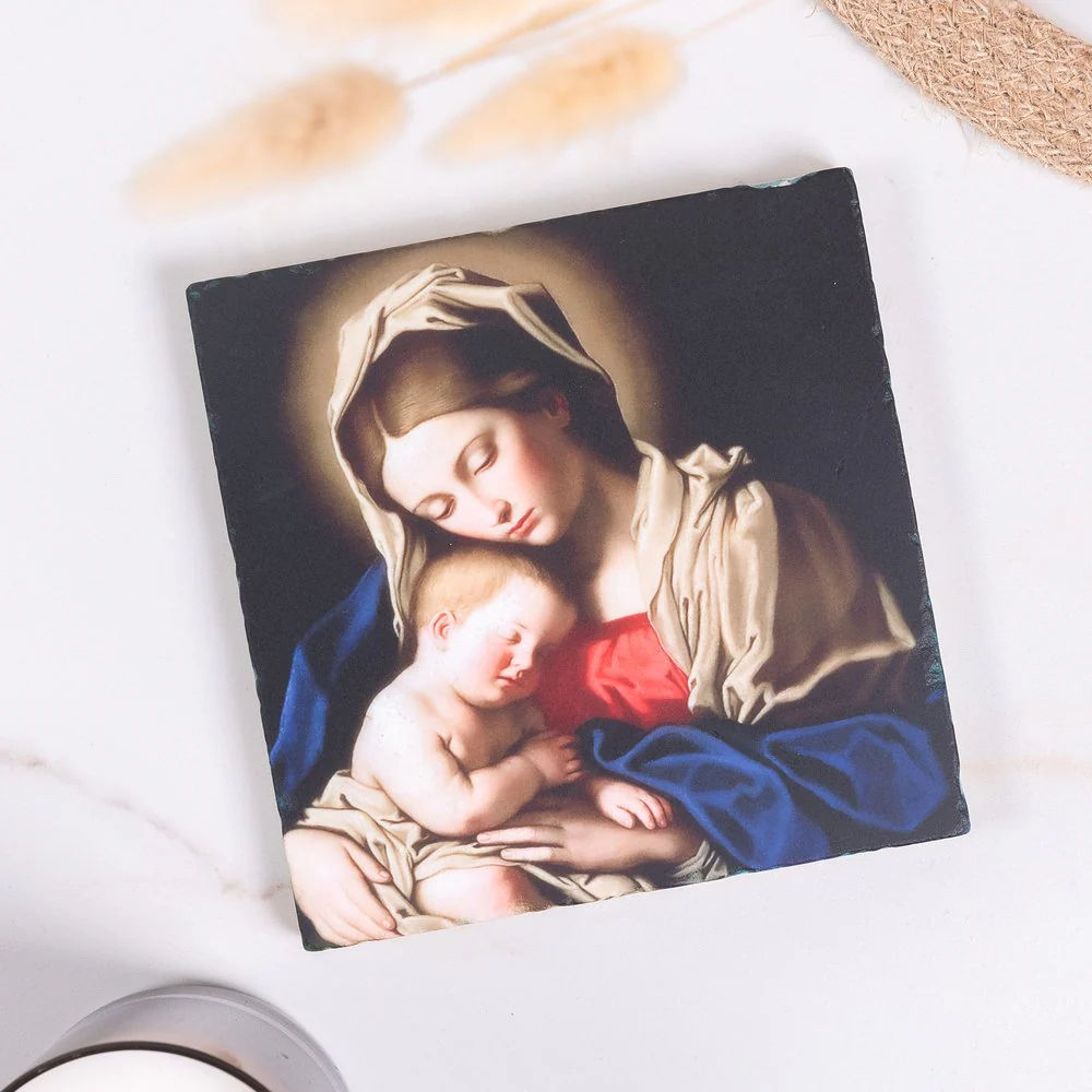 Sassoferrato's Madonna & Child Tumbled Stone Tile - 6" x 6" - Image 2