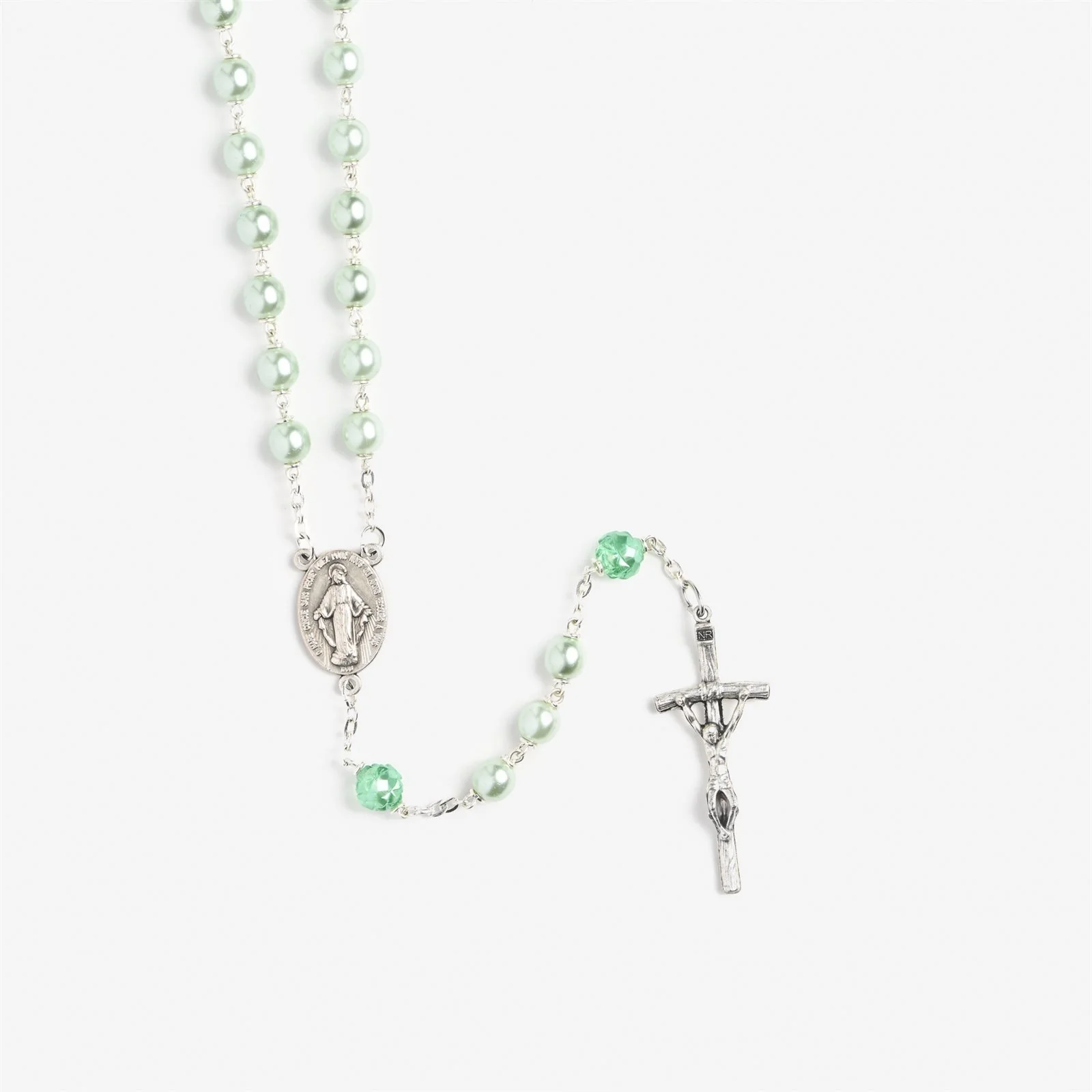 Sea Foam Pearl & Silver Miraculous Medal Rosary
