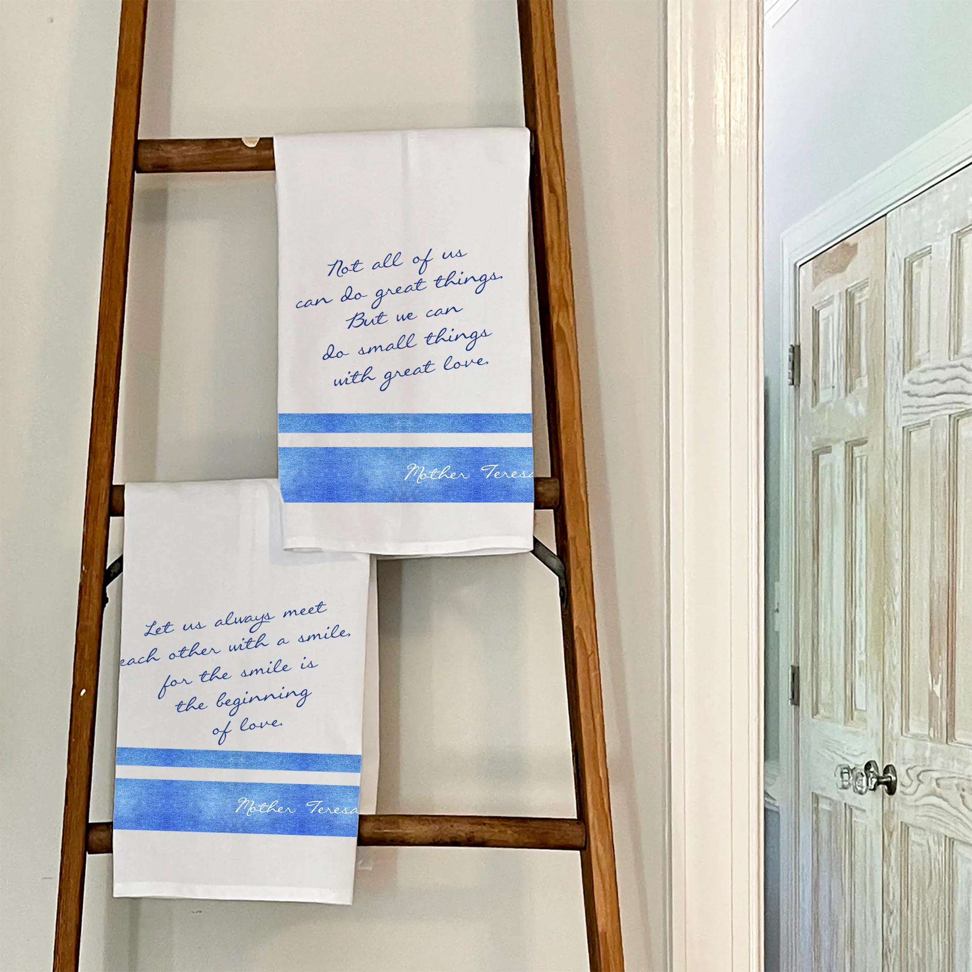 Set of Mother Teresa Blue and White Dish Towels - 2 towels