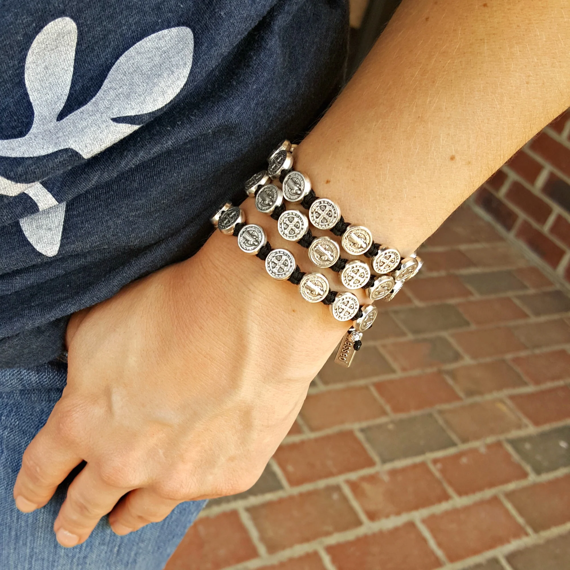 Silver Benedictine Blessing Bracelet, Black Macrame - Image 2