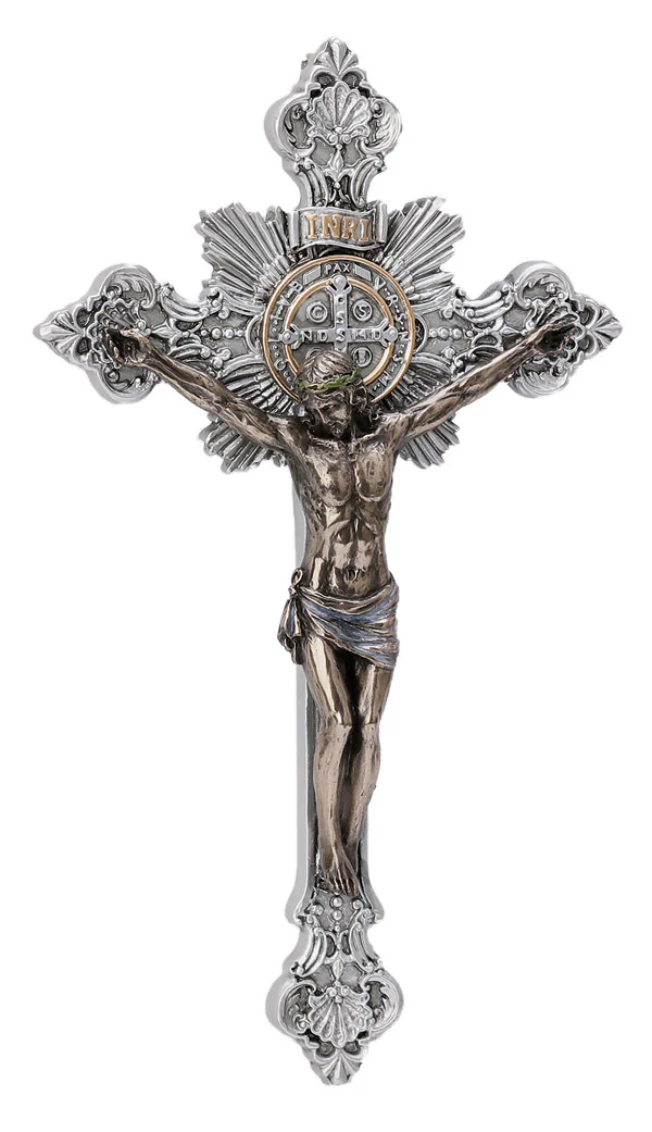 Silver & Bronze Style Baroque St Benedict Crucifix - 7.75"