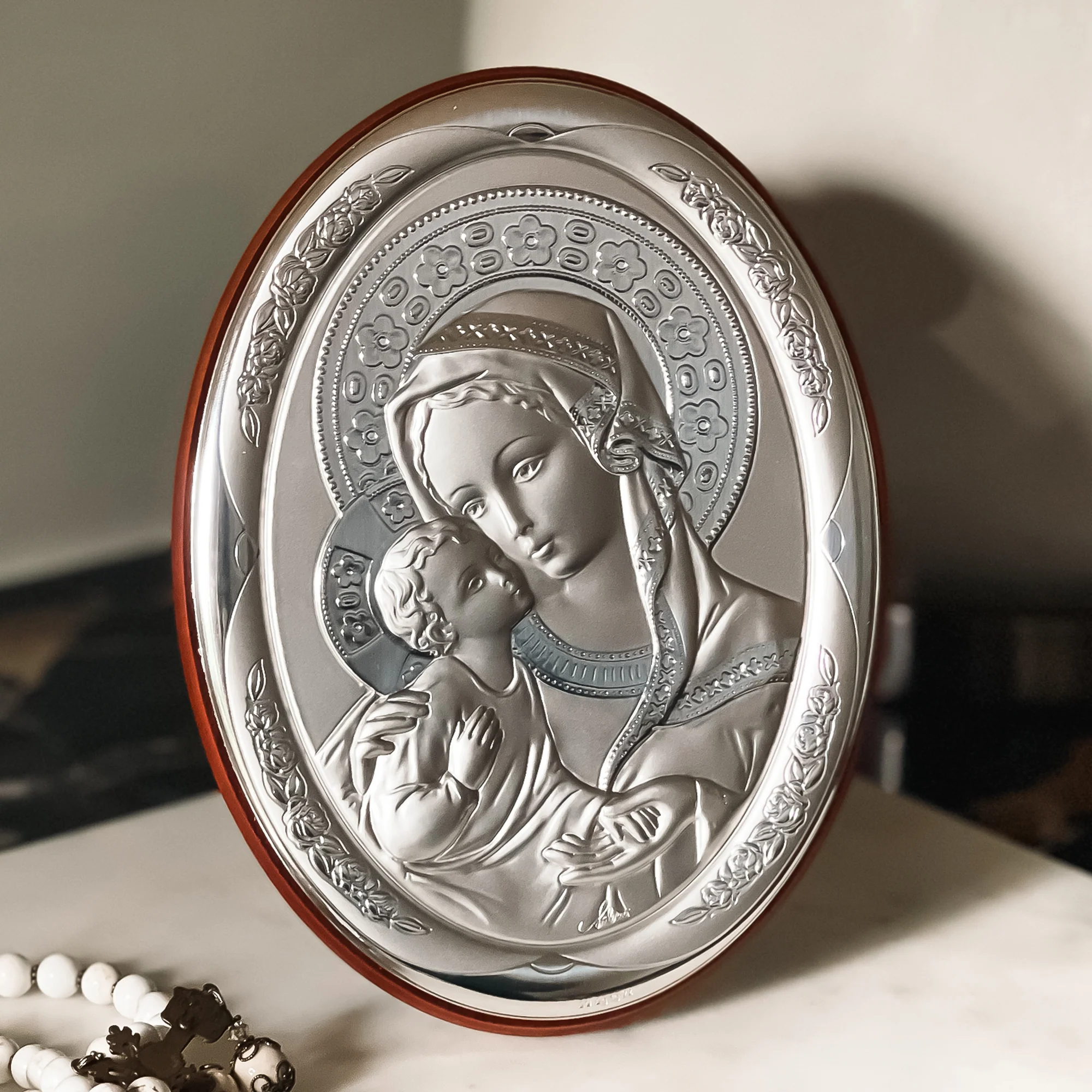 Silver Oval Madonna & Child Plaque
