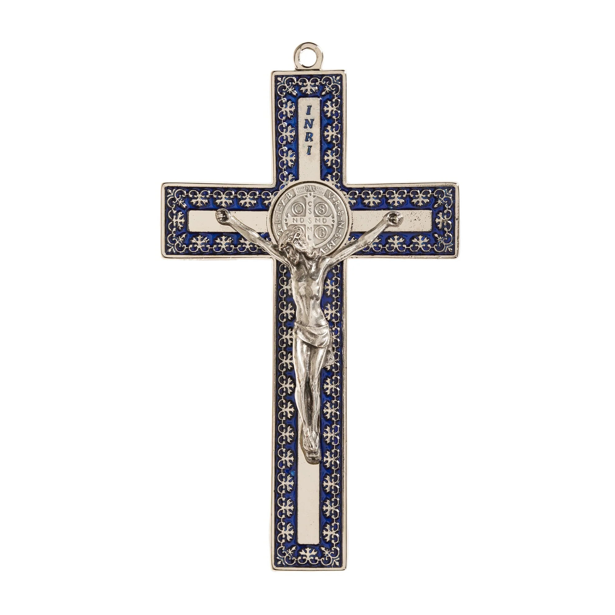 Silver St. Benedict Crucifix with Blue Enamel Accent - 4.7"