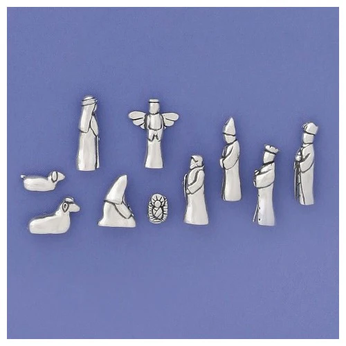 Small Pewter Nativity Set, 10 piece with velvet pouch