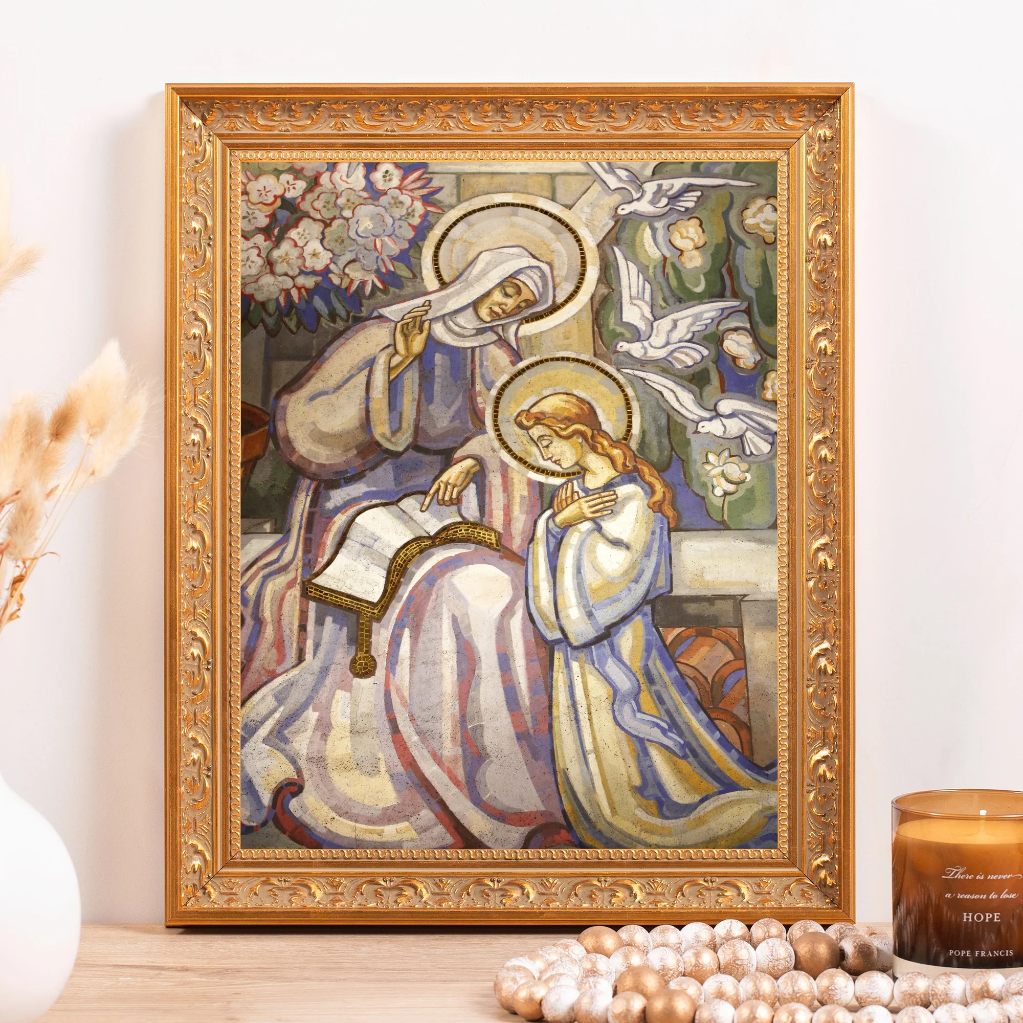 St. Anne Teaching Mary Fresco Framed Canvas - Sacred Classics Collection