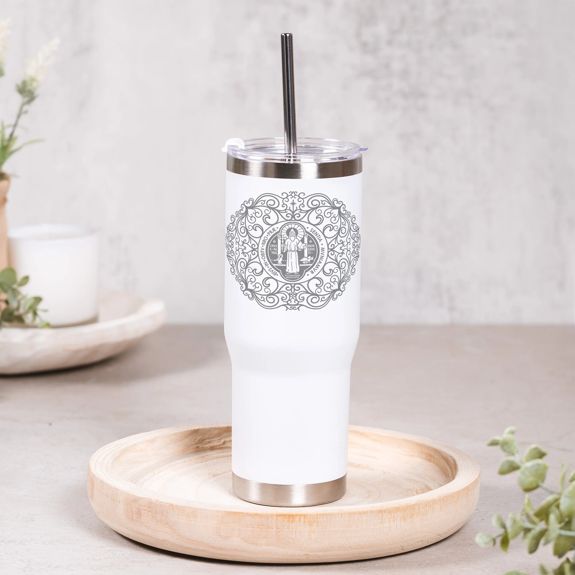St. Benedict Filigree Tumbler with Straw - Image 2