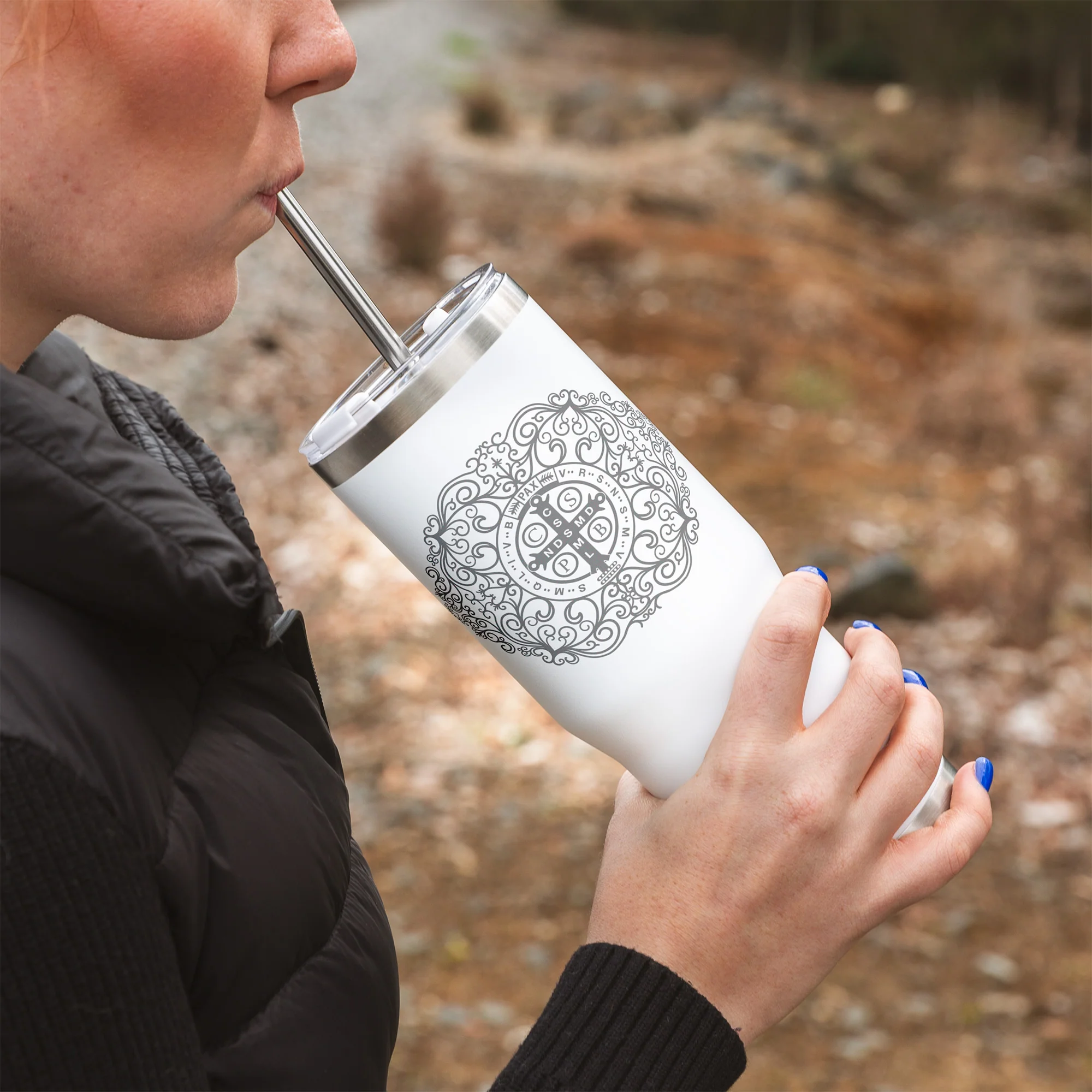 St. Benedict Filigree Tumbler with Straw - Image 4