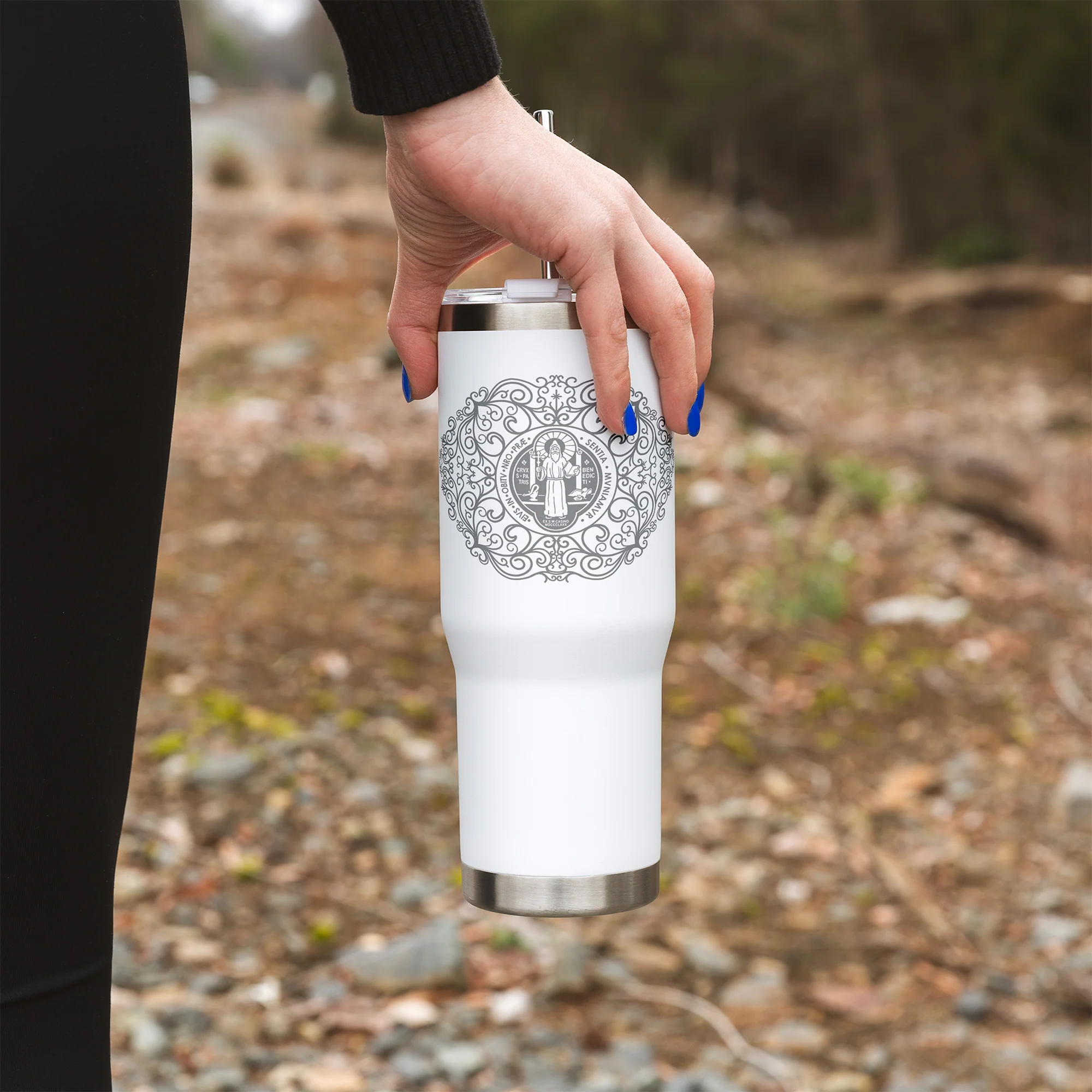 St. Benedict Filigree Tumbler with Straw - Image 5