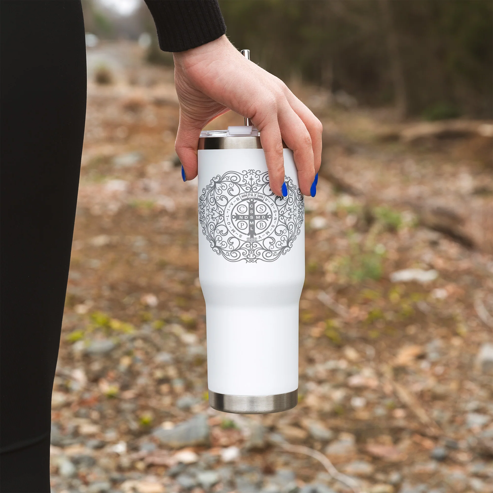 St. Benedict Filigree Tumbler with Straw - Image 6