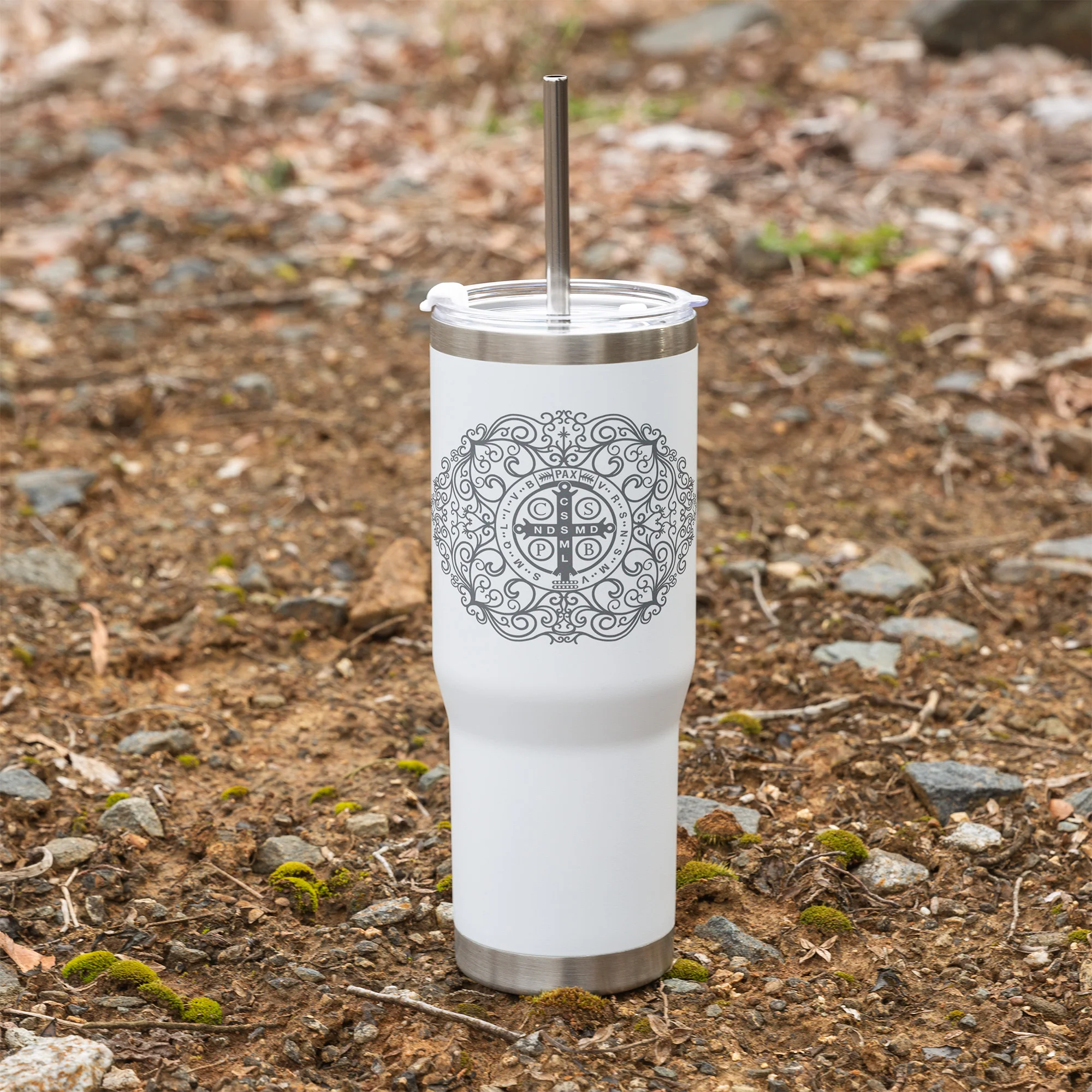St. Benedict Filigree Tumbler with Straw - Image 7