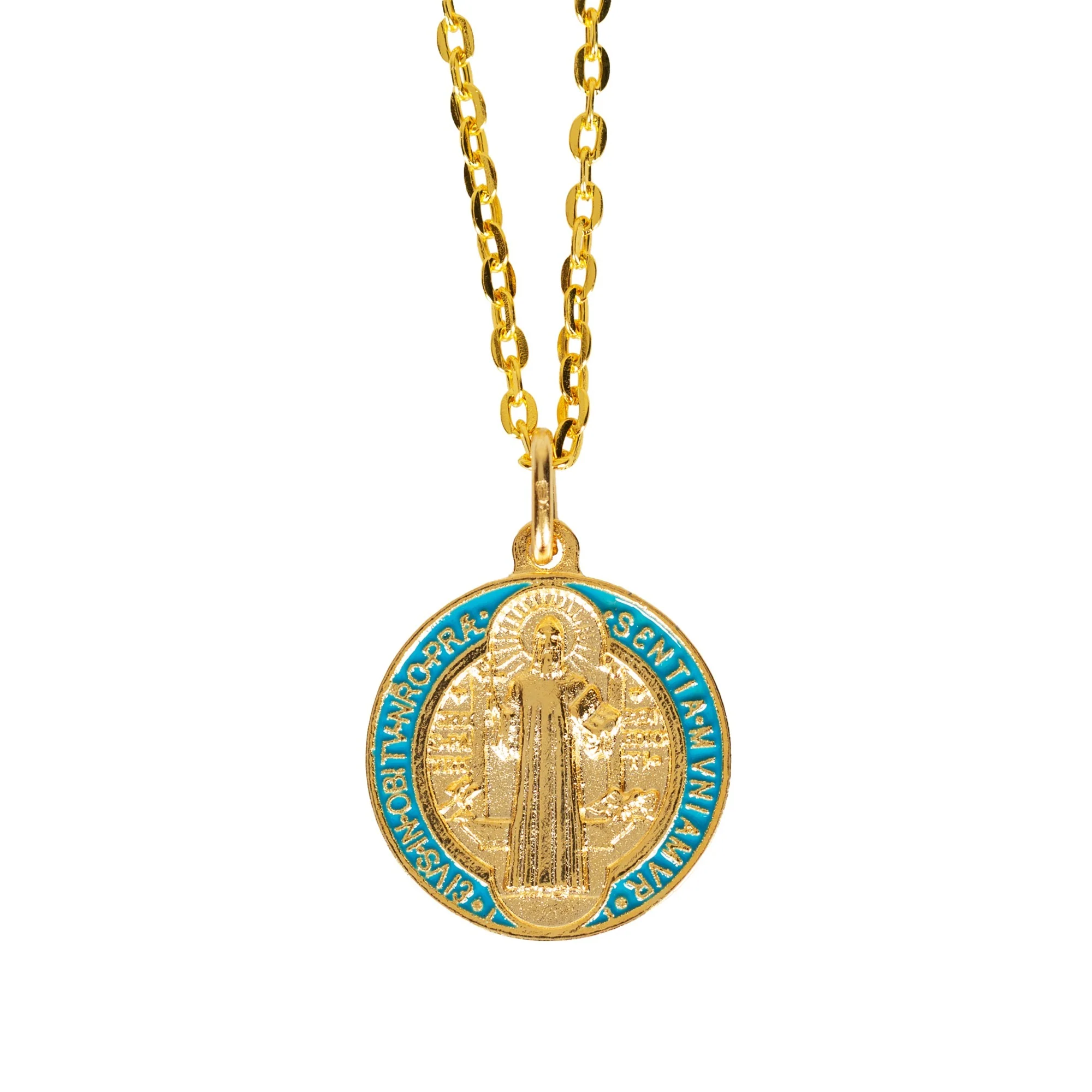St. Benedict Gilt Gold and Aqua Medal with chain