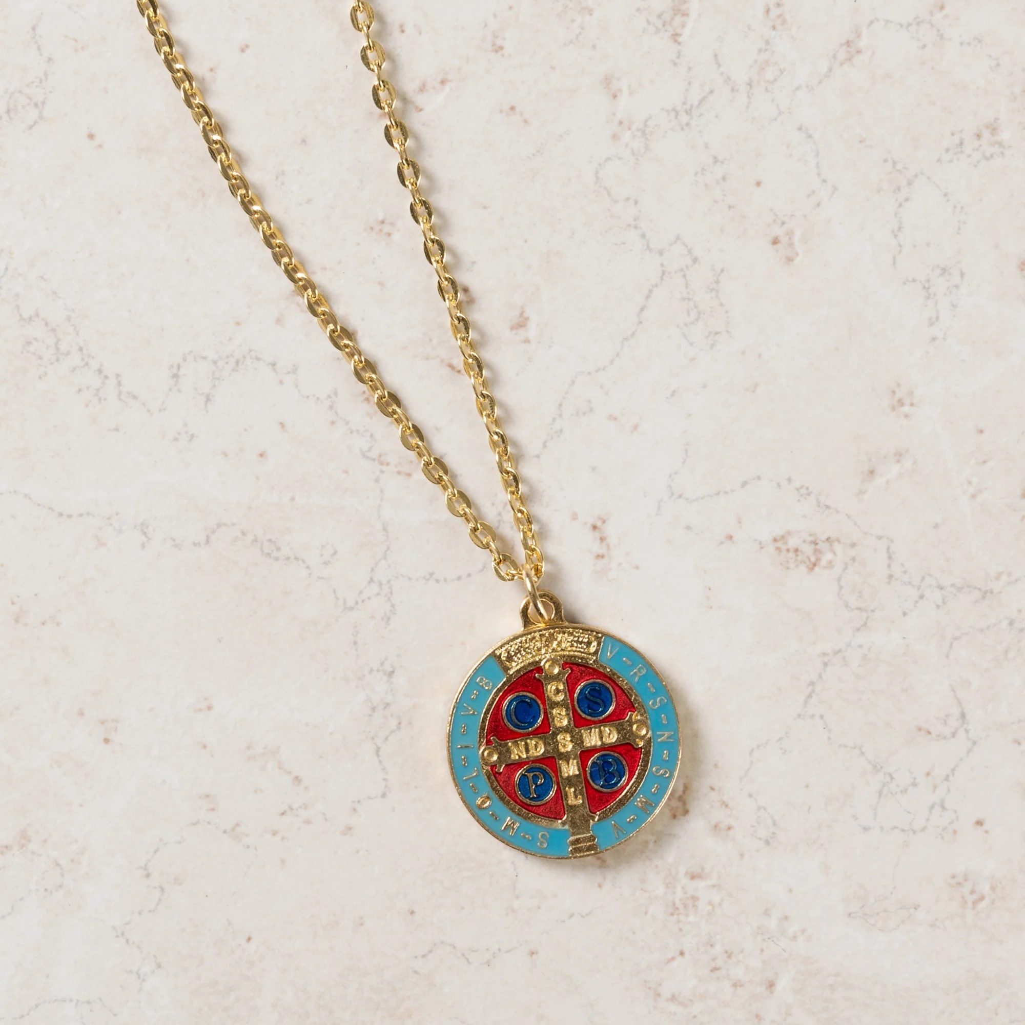St. Benedict Gilt Gold and Aqua Medal with chain - Image 5
