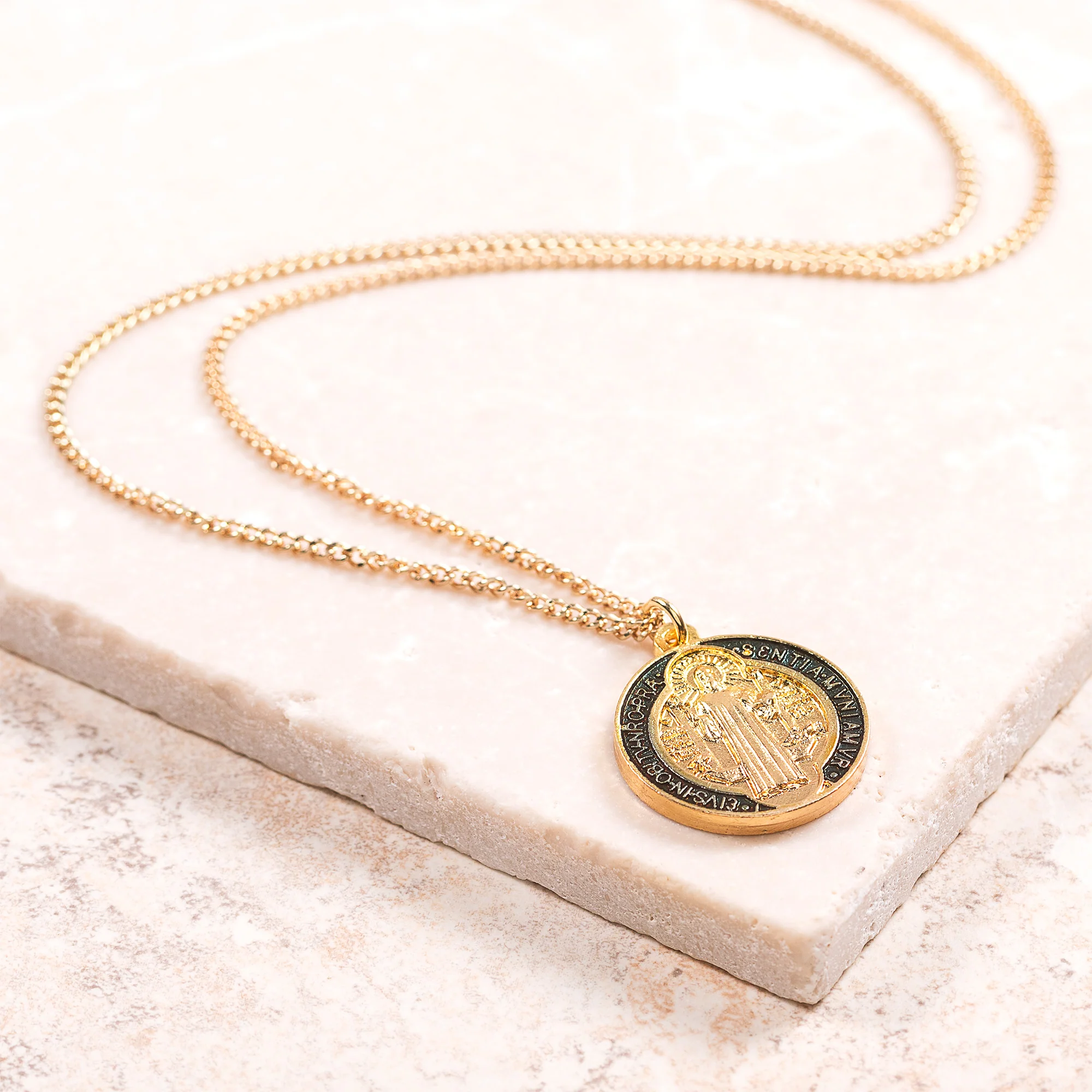 St. Benedict Gilt Gold and Aqua Medal with chain - Image 6