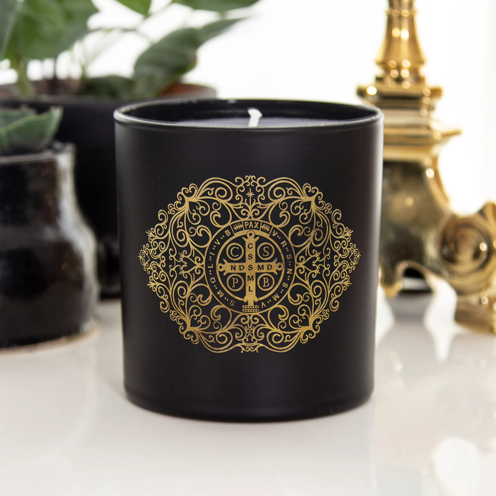 St. Benedict Gold Filigree Candle - Image 3
