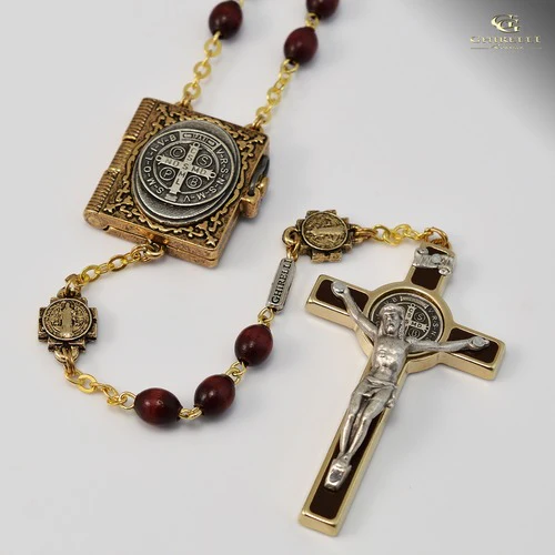 St. Benedict Gold Plated Brown Rosary - Image 5