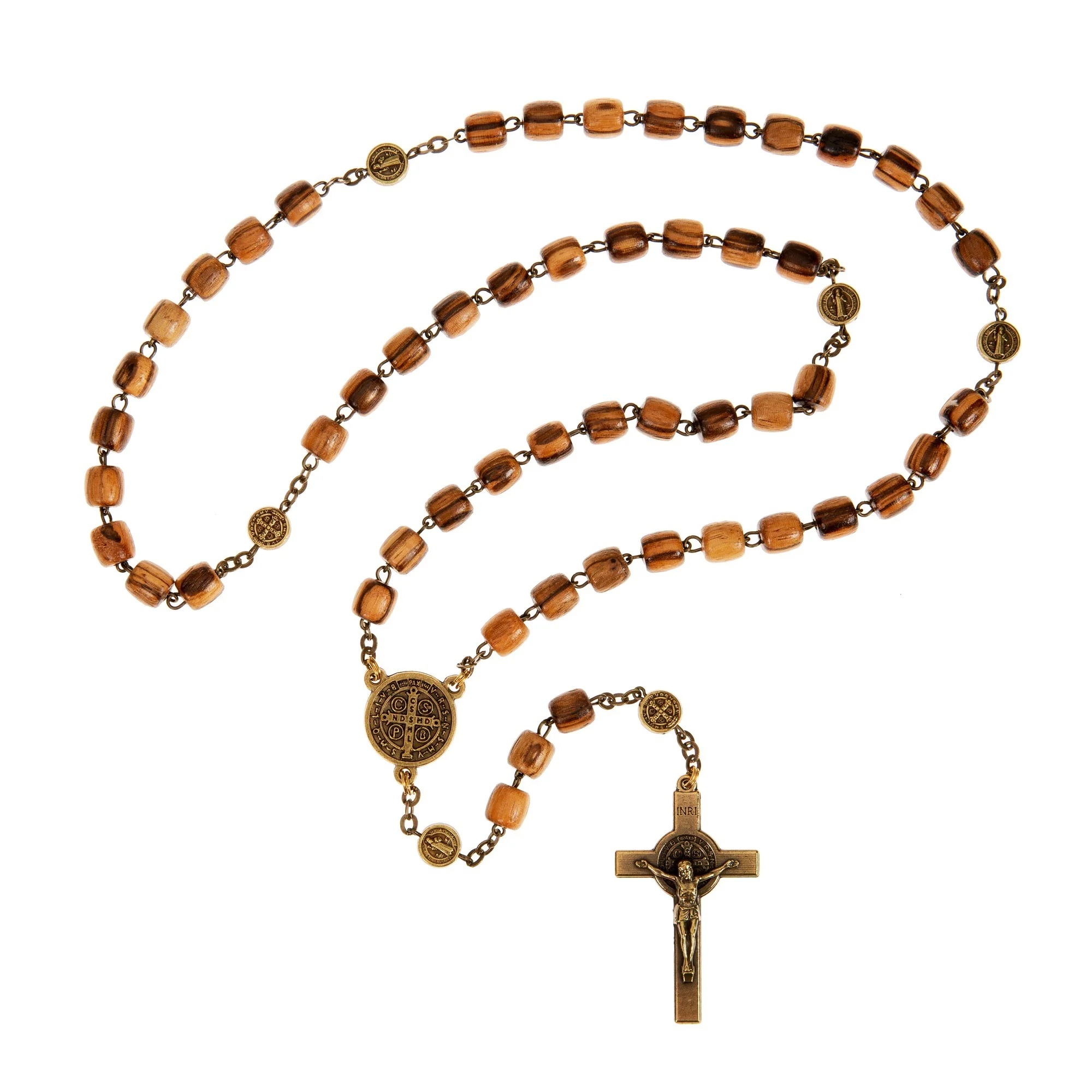 St. Benedict Gold Tone and Wood Rosary - Image 2