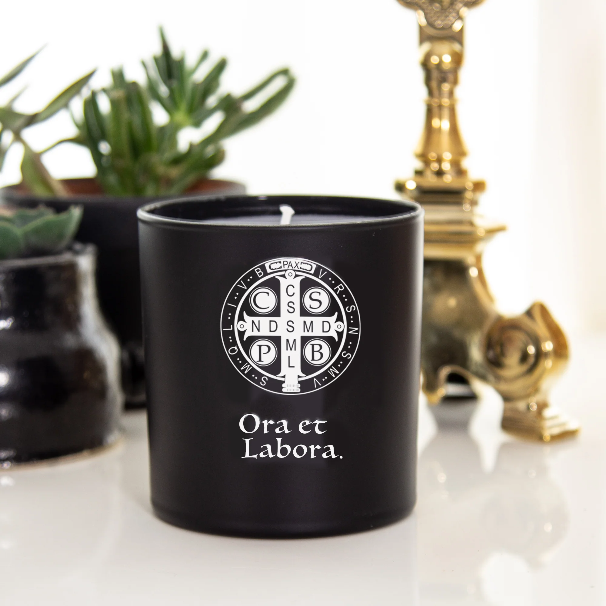 St. Benedict Medal "Ora Et Labora" Black Scented Candle - Image 2