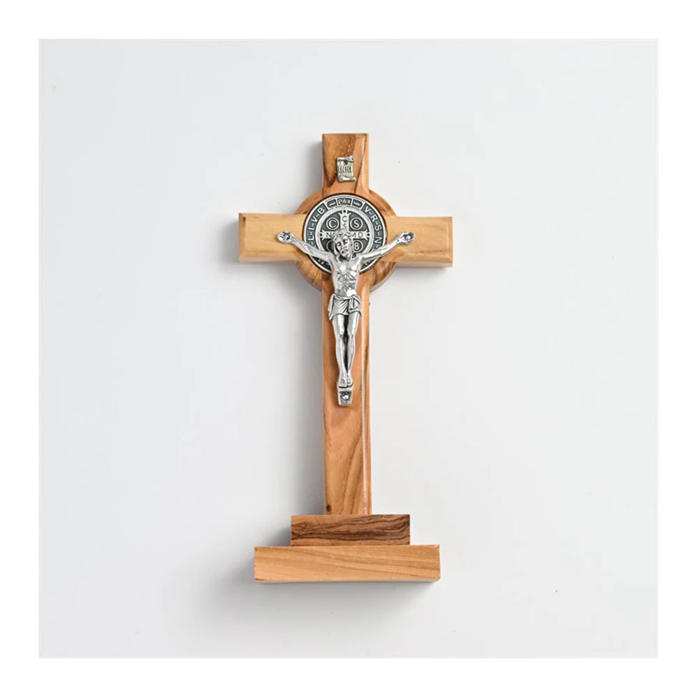 St. Benedict Olive Wood Desk Crucifix on Magnetic Base - 5.5"
