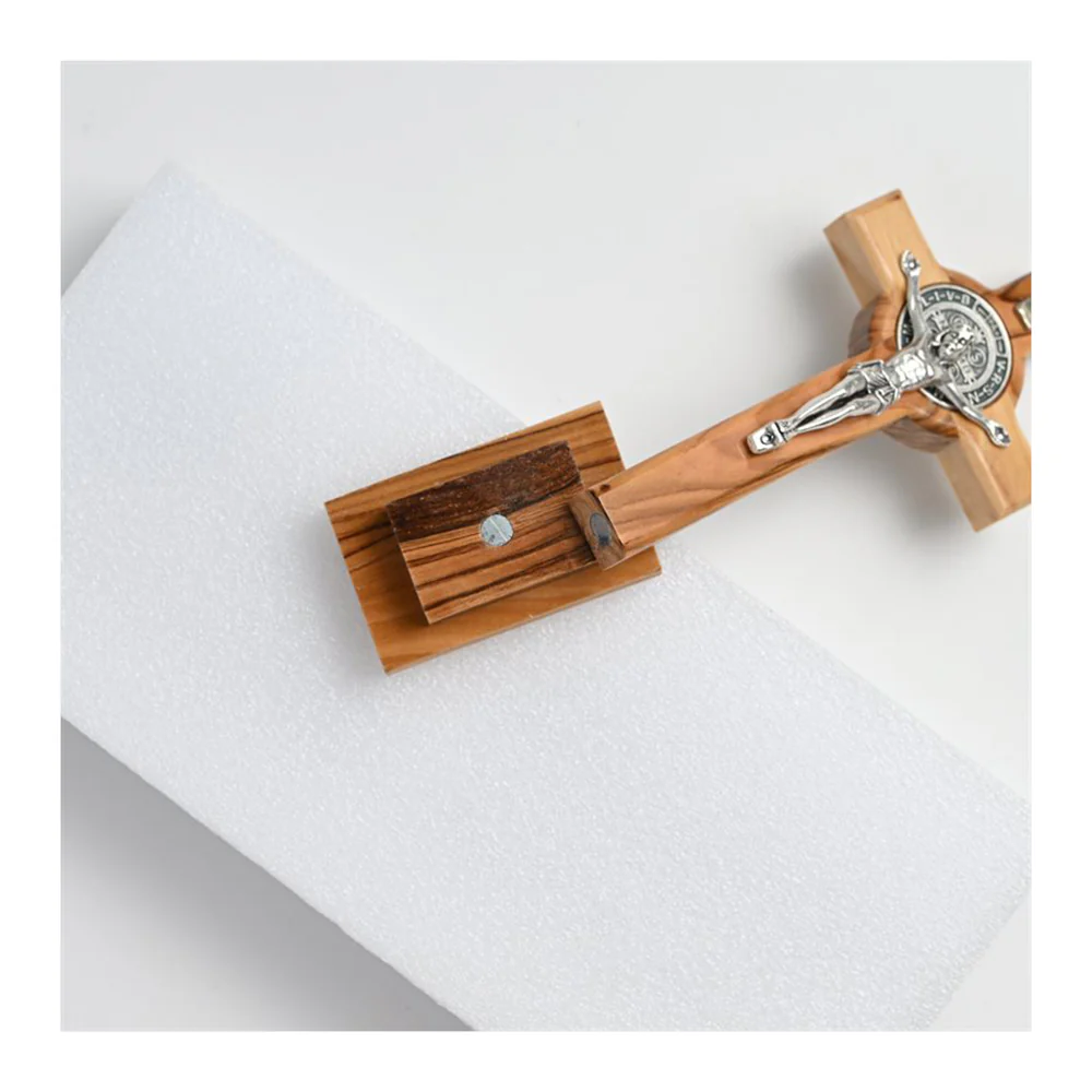 St. Benedict Olive Wood Desk Crucifix on Magnetic Base - 5.5" - Image 2