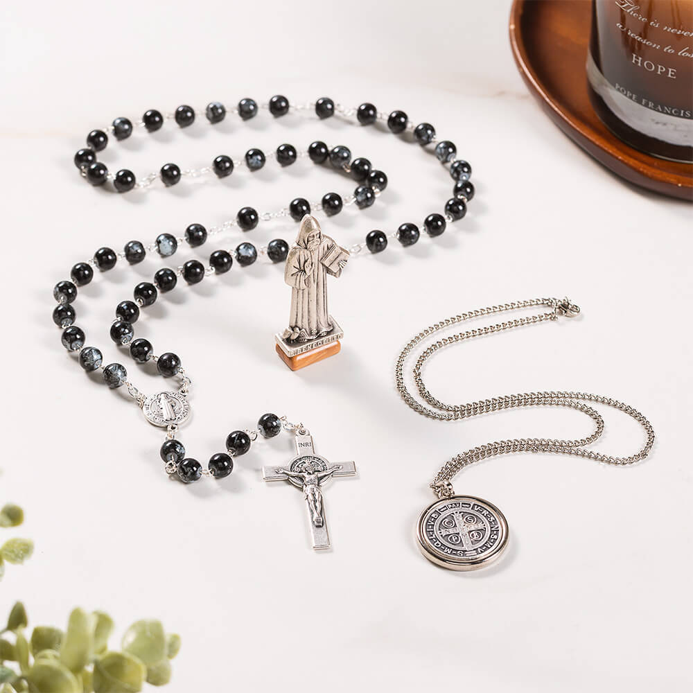 St. Benedict Rosary, Necklace, & Figurine Gift Set - Image 2