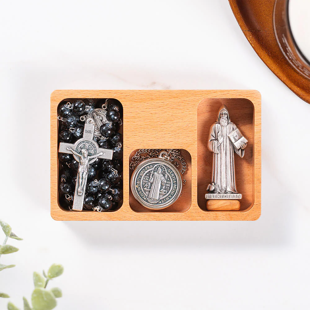 St. Benedict Rosary, Necklace, & Figurine Gift Set - Image 3