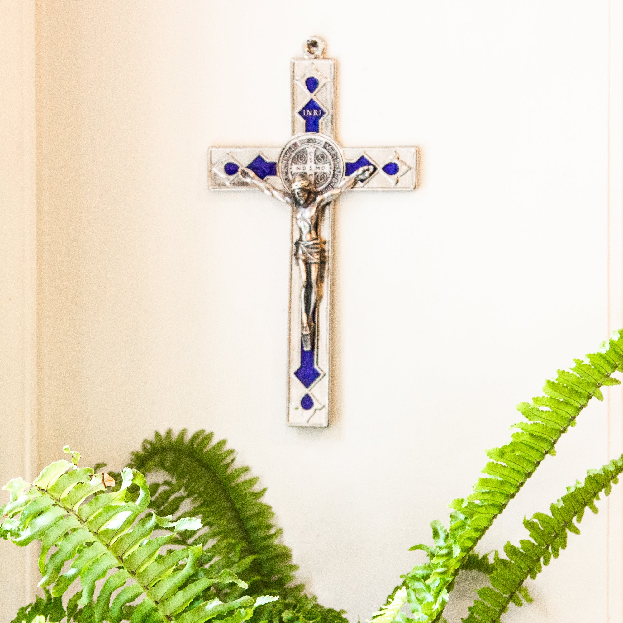 St. Benedict Silver Tone & Blue Crucifix - 7.8"