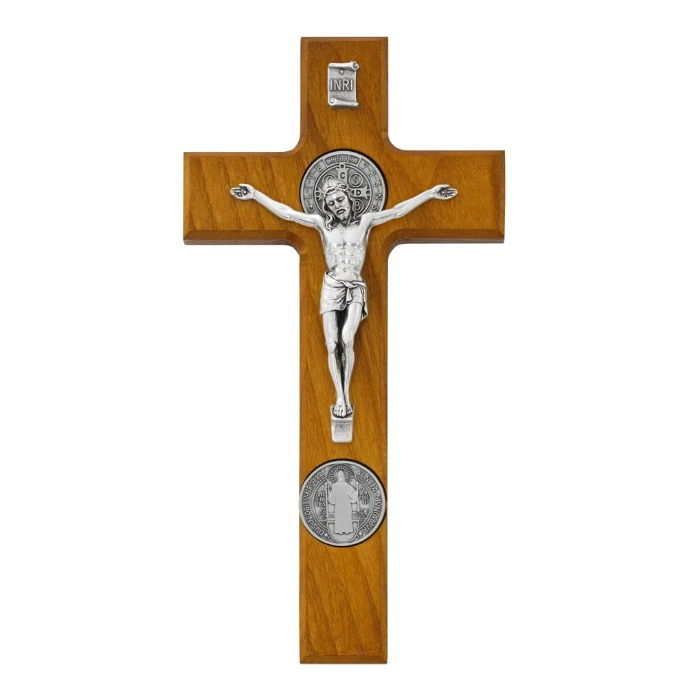 St. Benedict Wall Crucifix with Medals - Silver or Gold - 9"