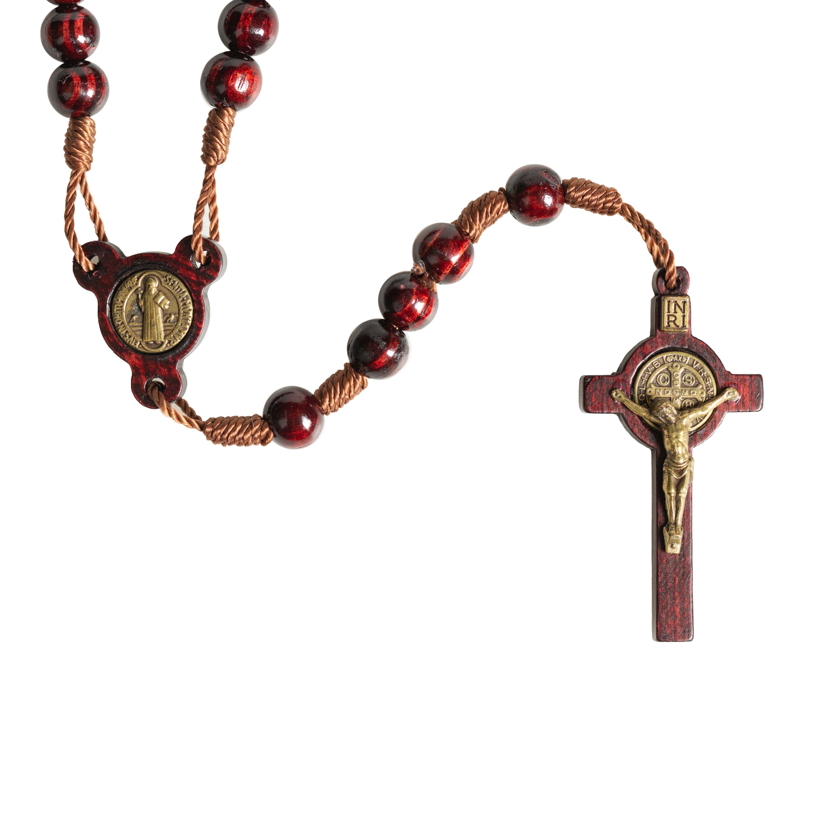 St. Benedict Walnut Finish Wood Rosary Necklace - Image 2
