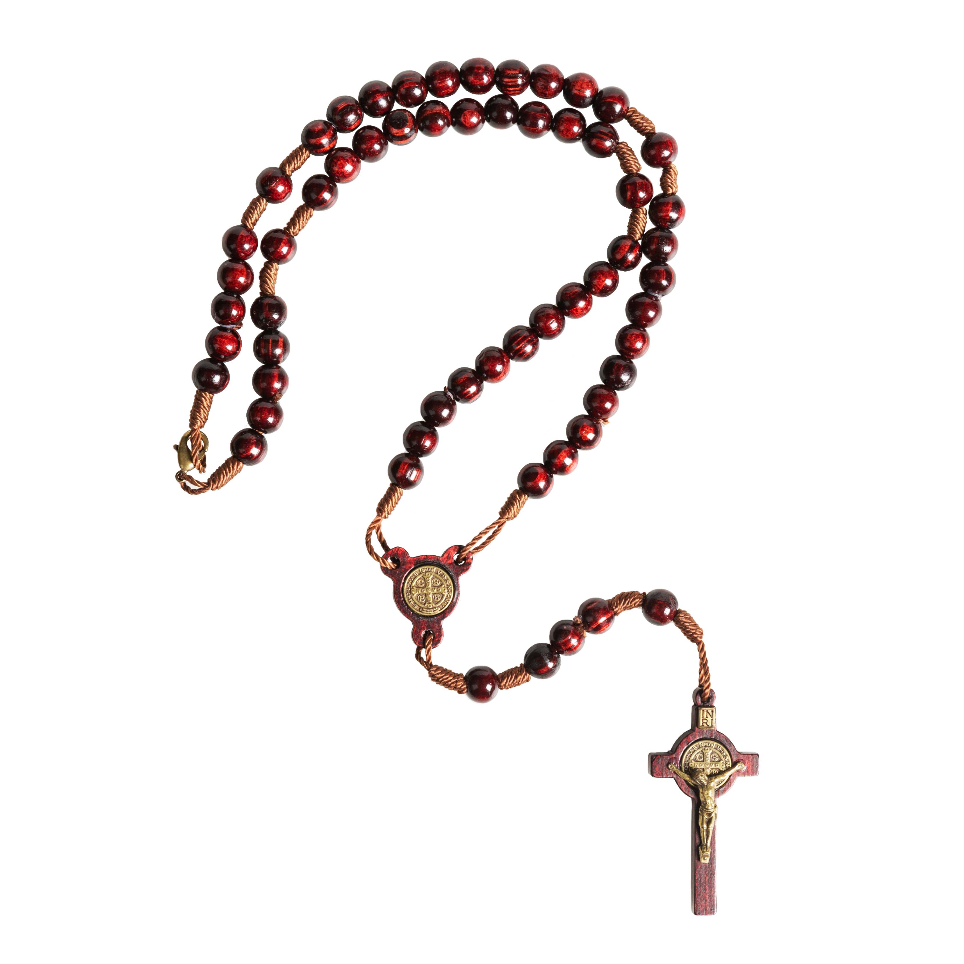 St. Benedict Walnut Finish Wood Rosary Necklace - Image 3