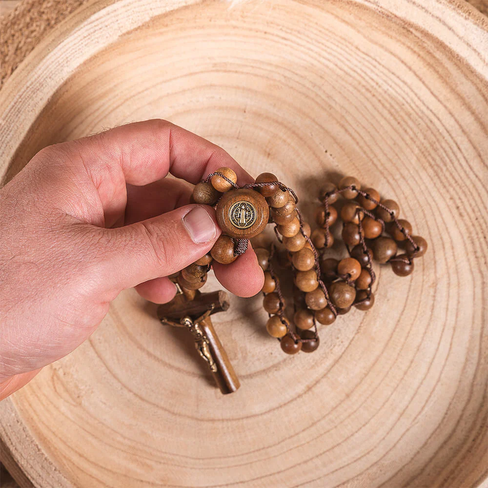 St. Benedict Wood Bead Ladder Rosary - Image 3