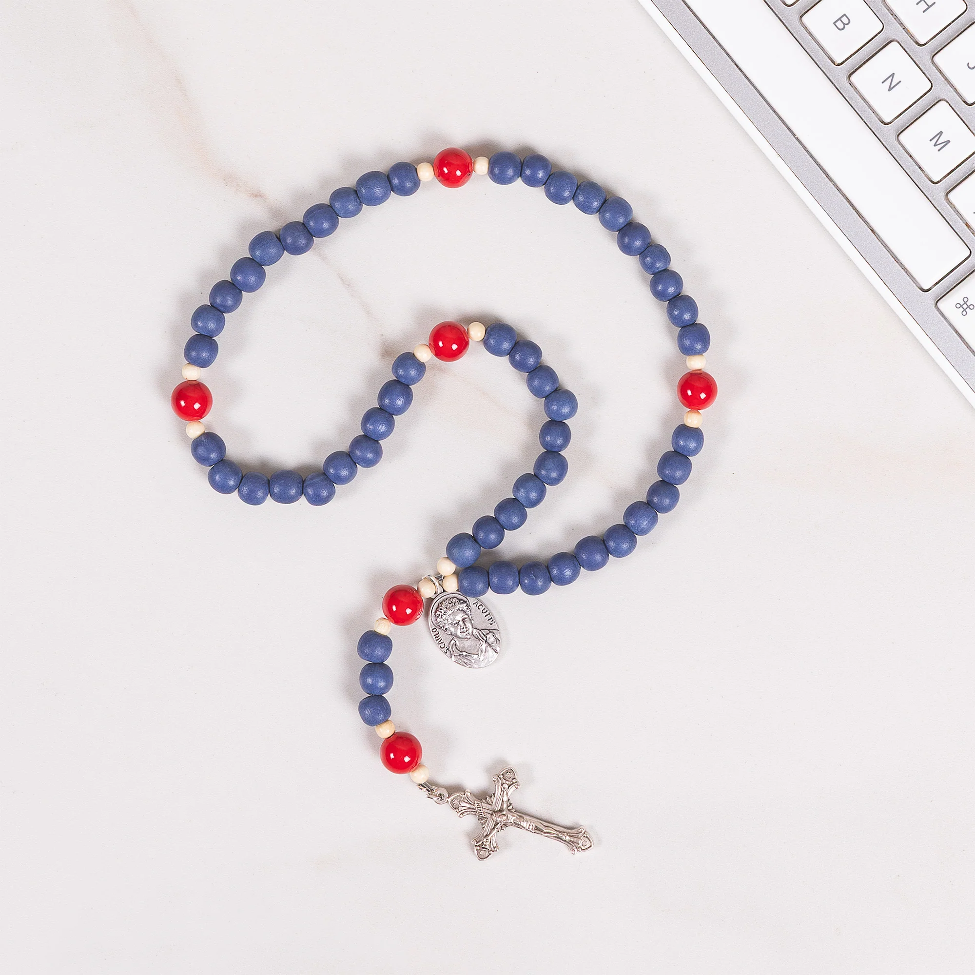 St. Carlo Acutis Blue Wood & Red Mountain Jade Rosary - Image 2