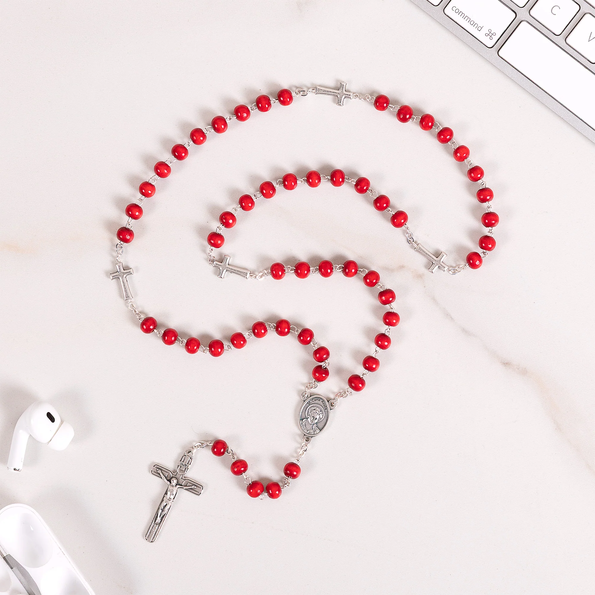 St. Carlo Acutis Red Wood Bead Rosary