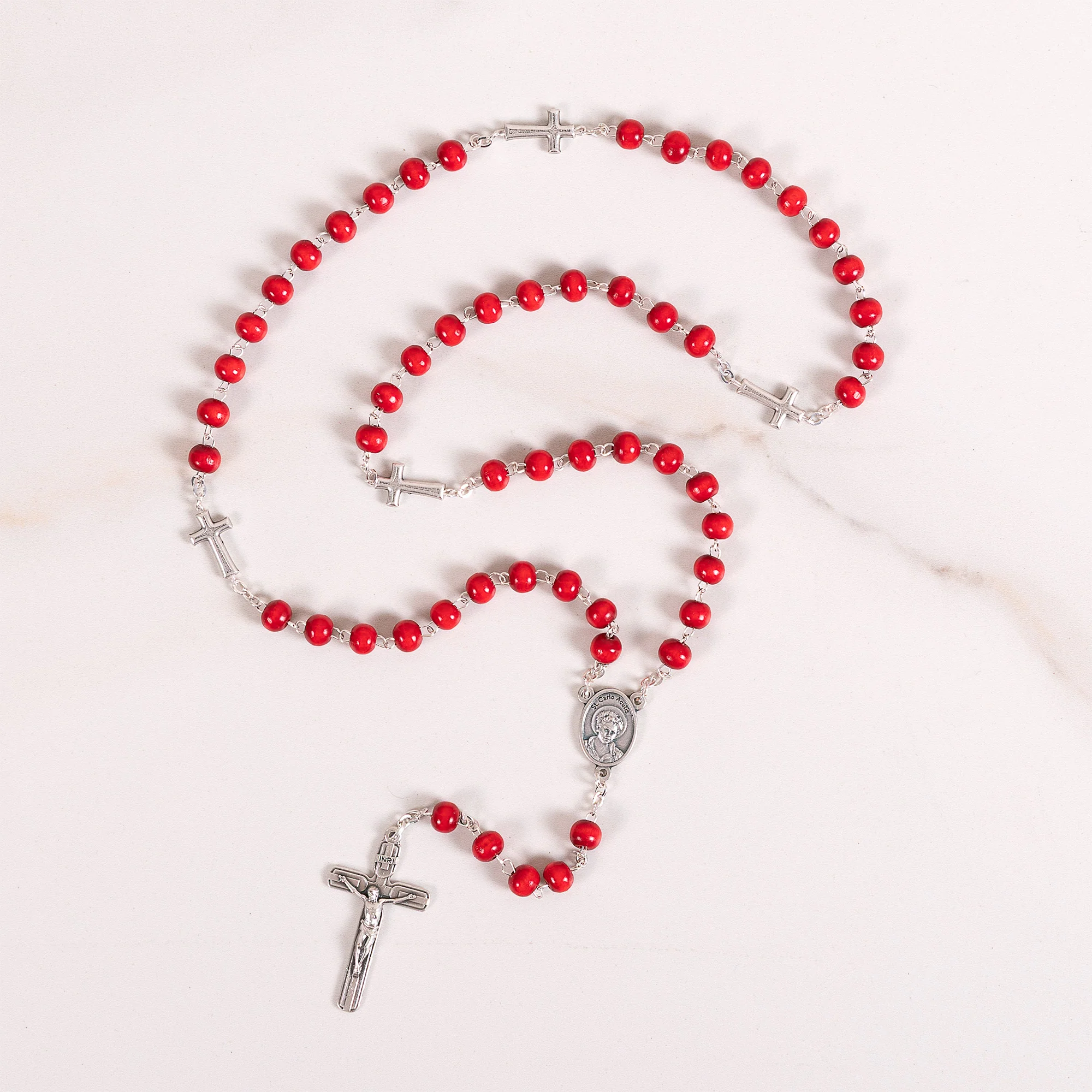 St. Carlo Acutis Red Wood Bead Rosary - Image 2