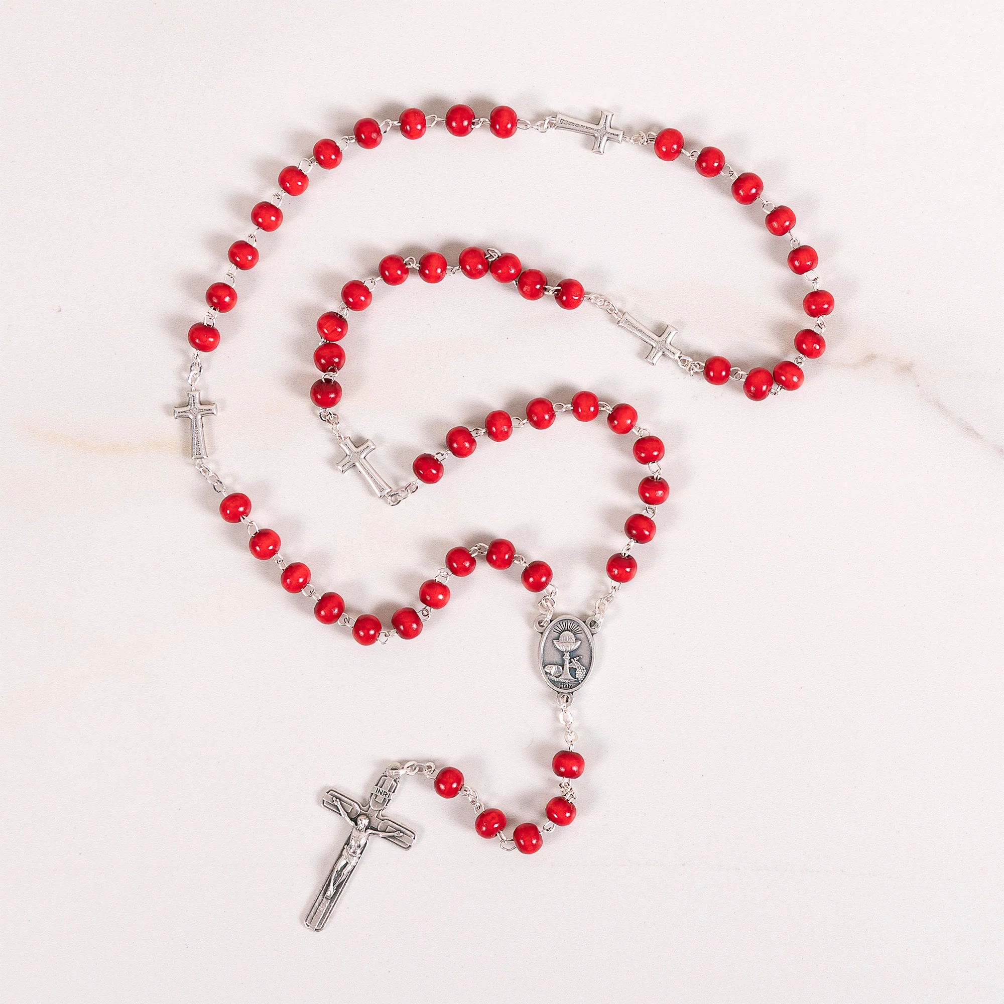 St. Carlo Acutis Red Wood Bead Rosary - Image 3