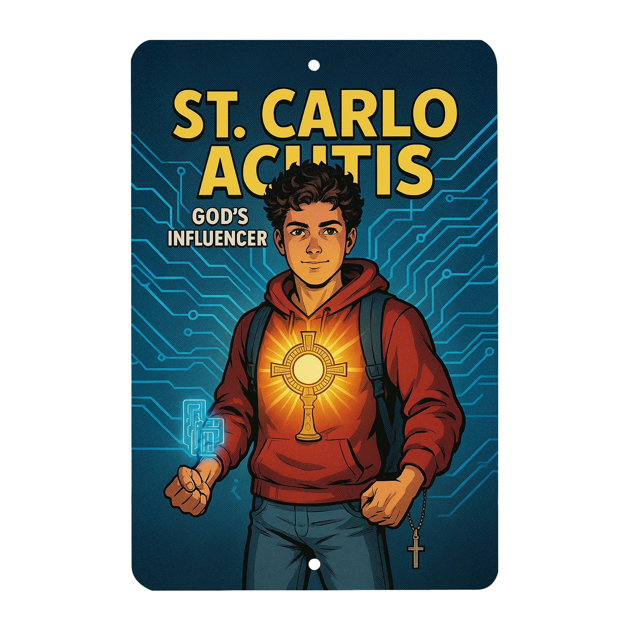 St. Carlo Acutis Superhero Tin Sign - Image 2