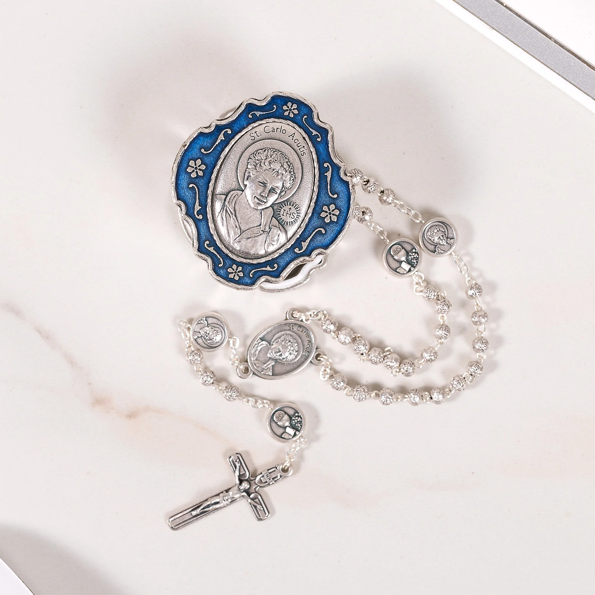 St. Carlo Miniature Rosary in Enamel Box