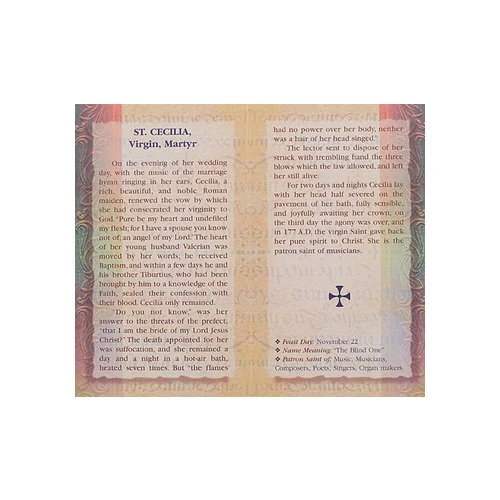 St. Cecilia - Mini Lives of the Saints Folded Prayer Card - Image 2