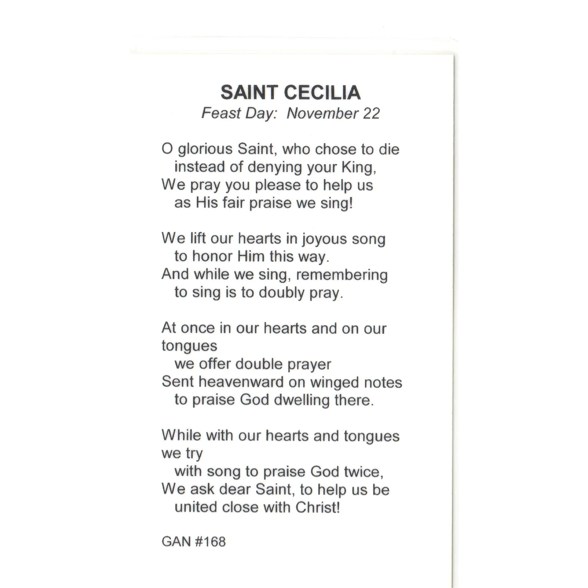 St. Cecilia Patron Saint Prayer Card w/Medal - Image 2