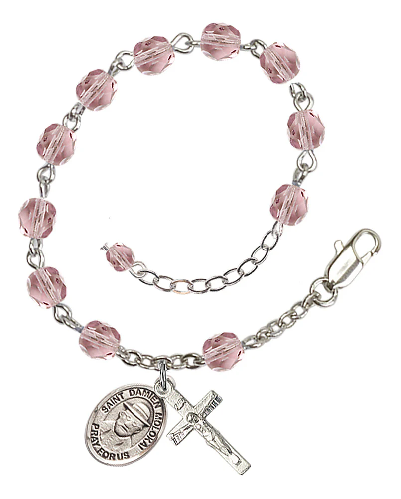 St. Damien Of Molokai 6mm light purple June Rosary Bracelet