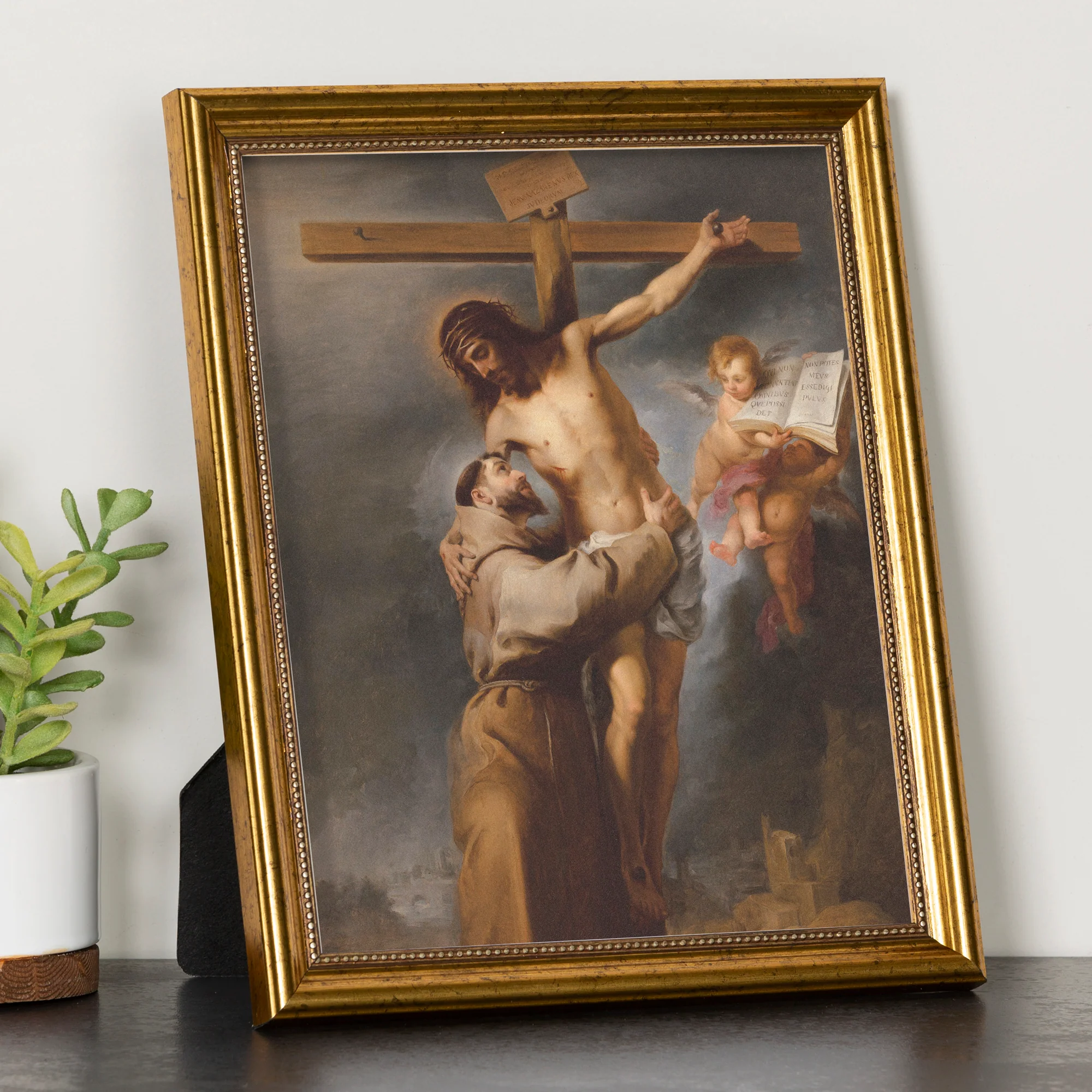St. Francis Embracing Christ Antique Gold Framed Print - Multiple Sizes